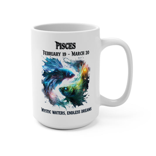 White mug with Pisces zodiac design and text on a white background