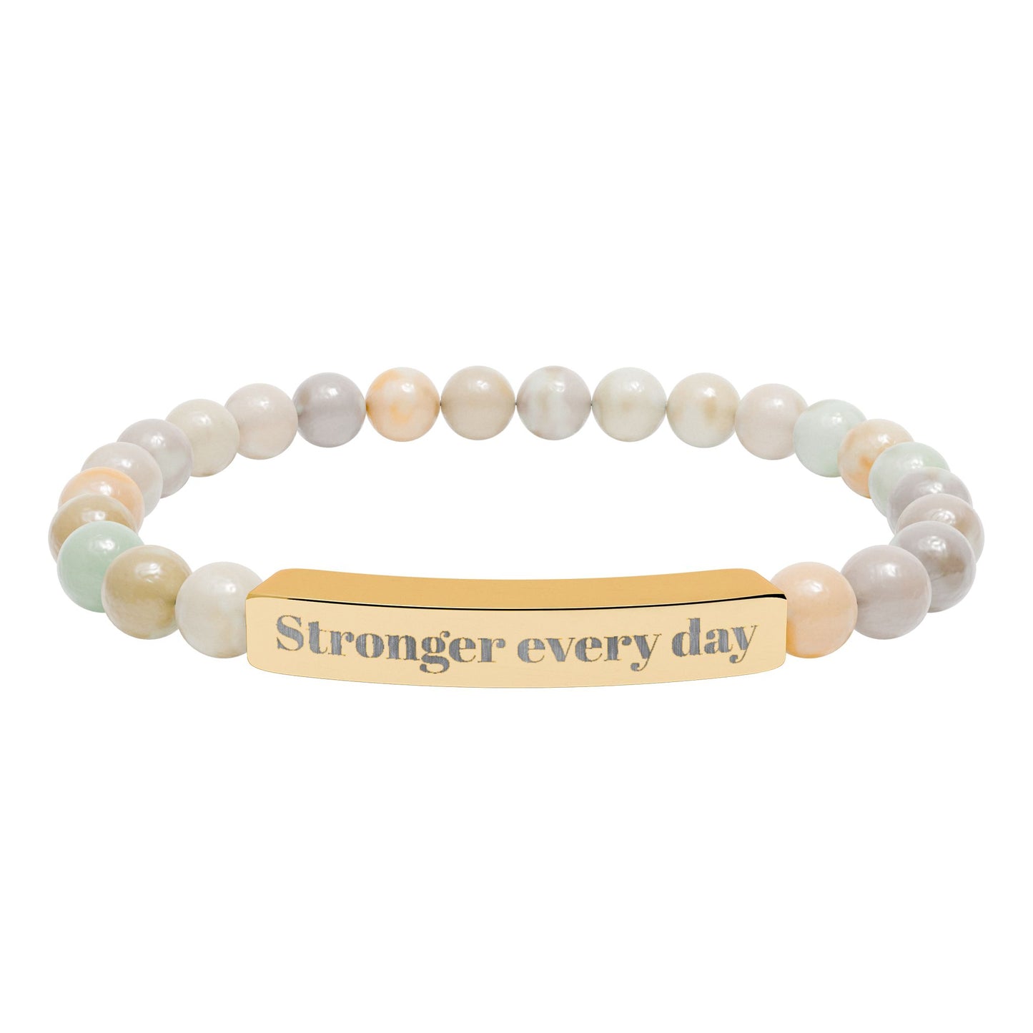 Engraved Natural Stone Stretch Bracelet — 'Stronger Every Day' Beaded Bar Bracelet
