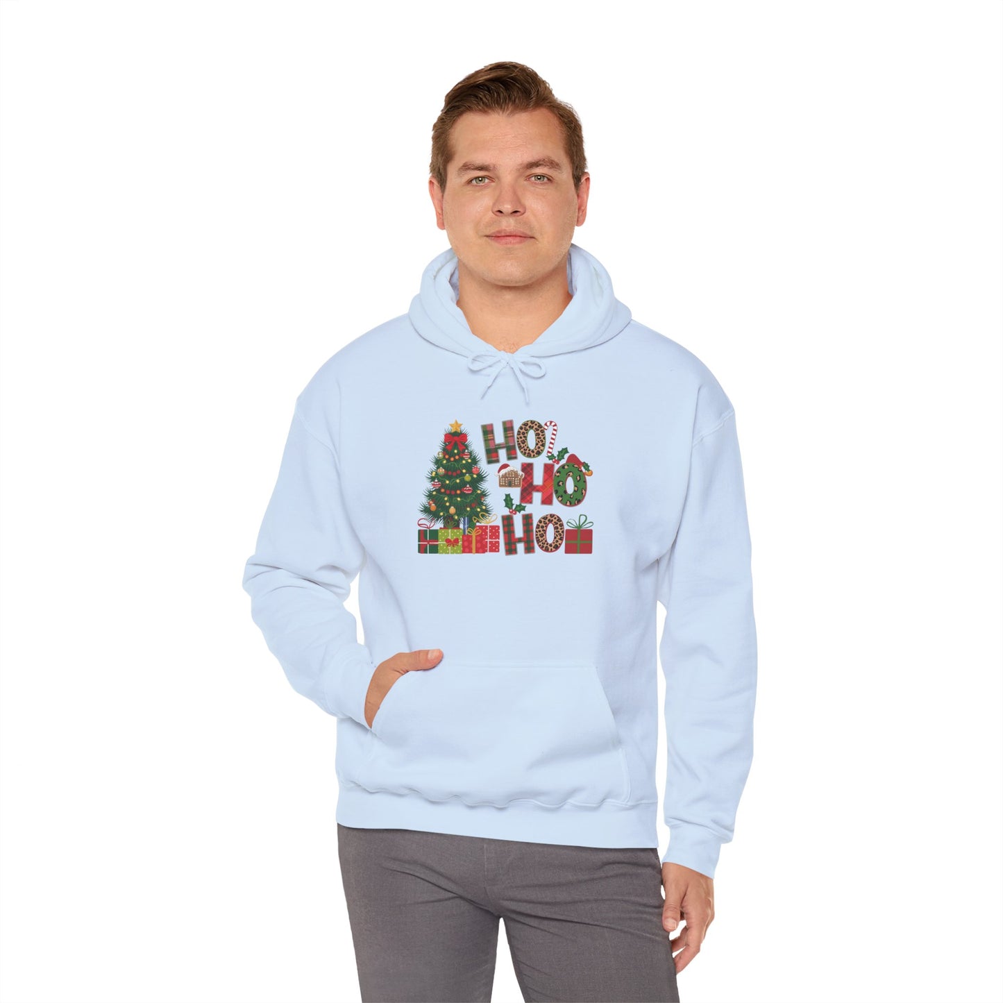 Embroidered Ho Ho Ho Christmas Hoodie – Festive Tree & Gifts Holiday Sweatshirt