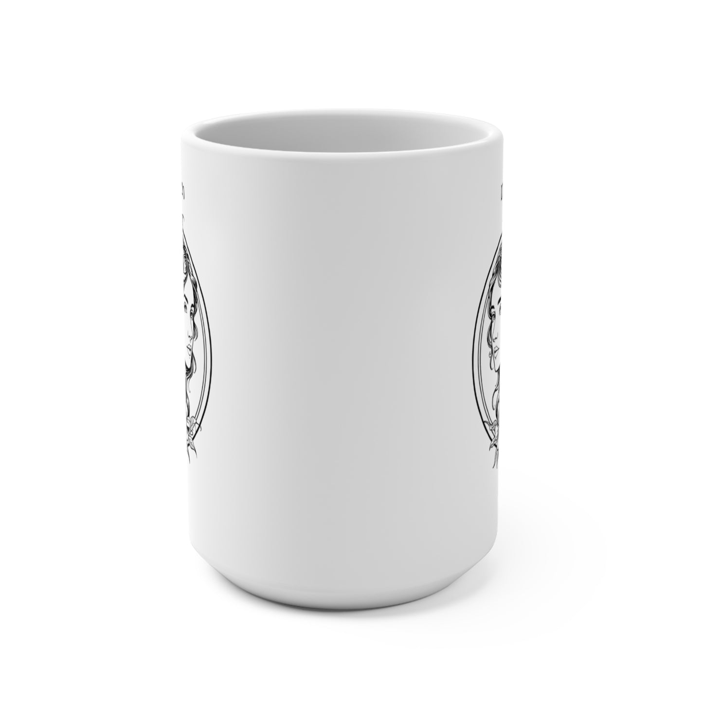 White mug with black decorative design on a white background