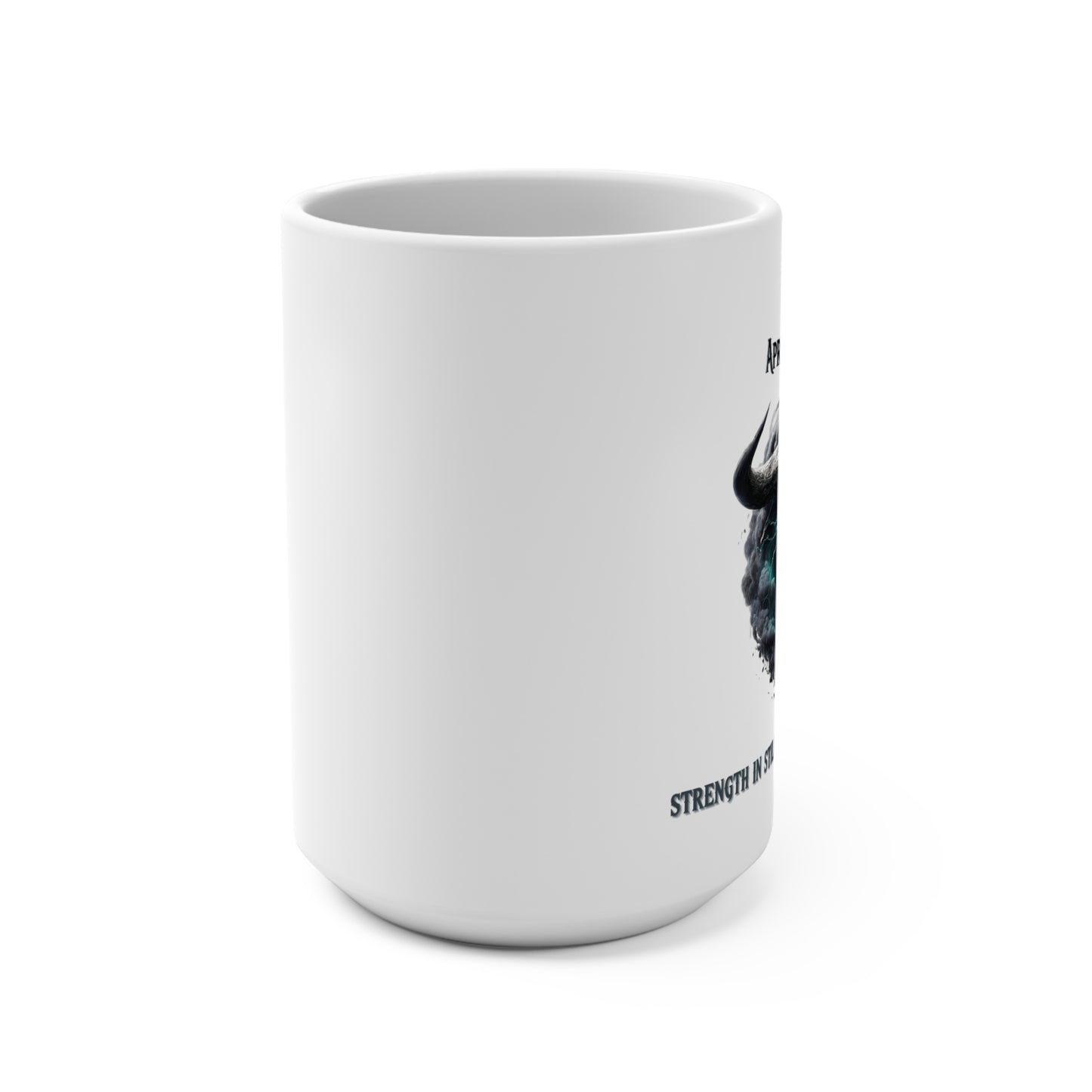 White mug with text and graphic design on a white background