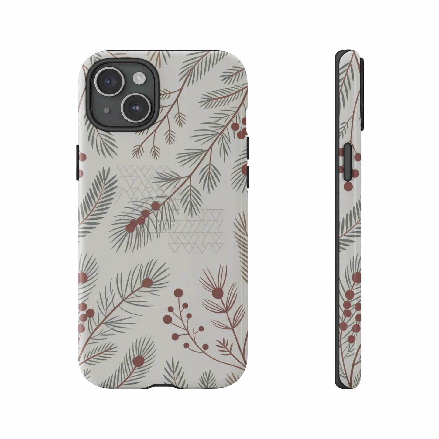 Phone case with a muted Christmas tree branch and berry pattern.
