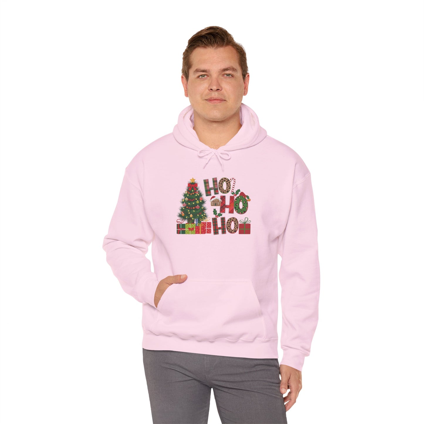 Embroidered Ho Ho Ho Christmas Hoodie – Festive Tree & Gifts Holiday Sweatshirt