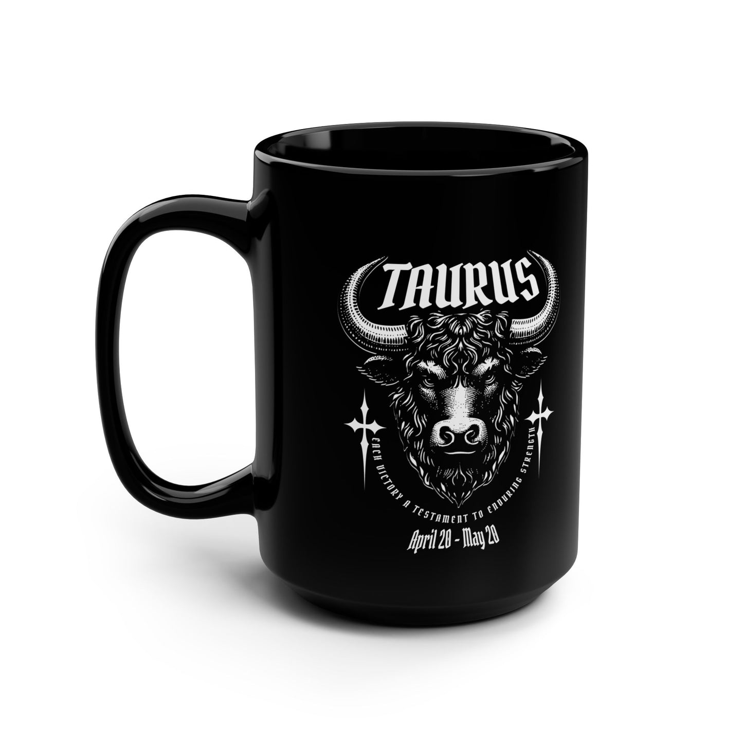 Black mug with Taurus zodiac design on a white background