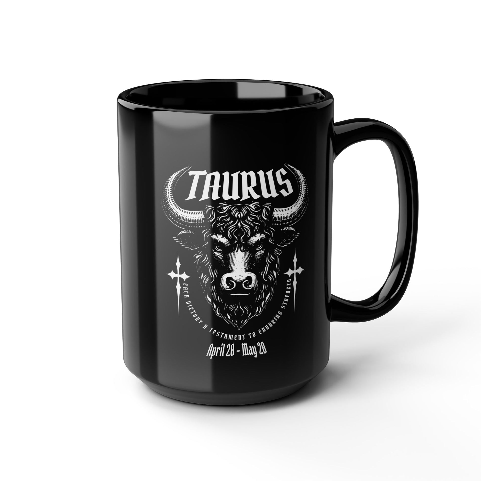 Black mug with Taurus zodiac design on a white background