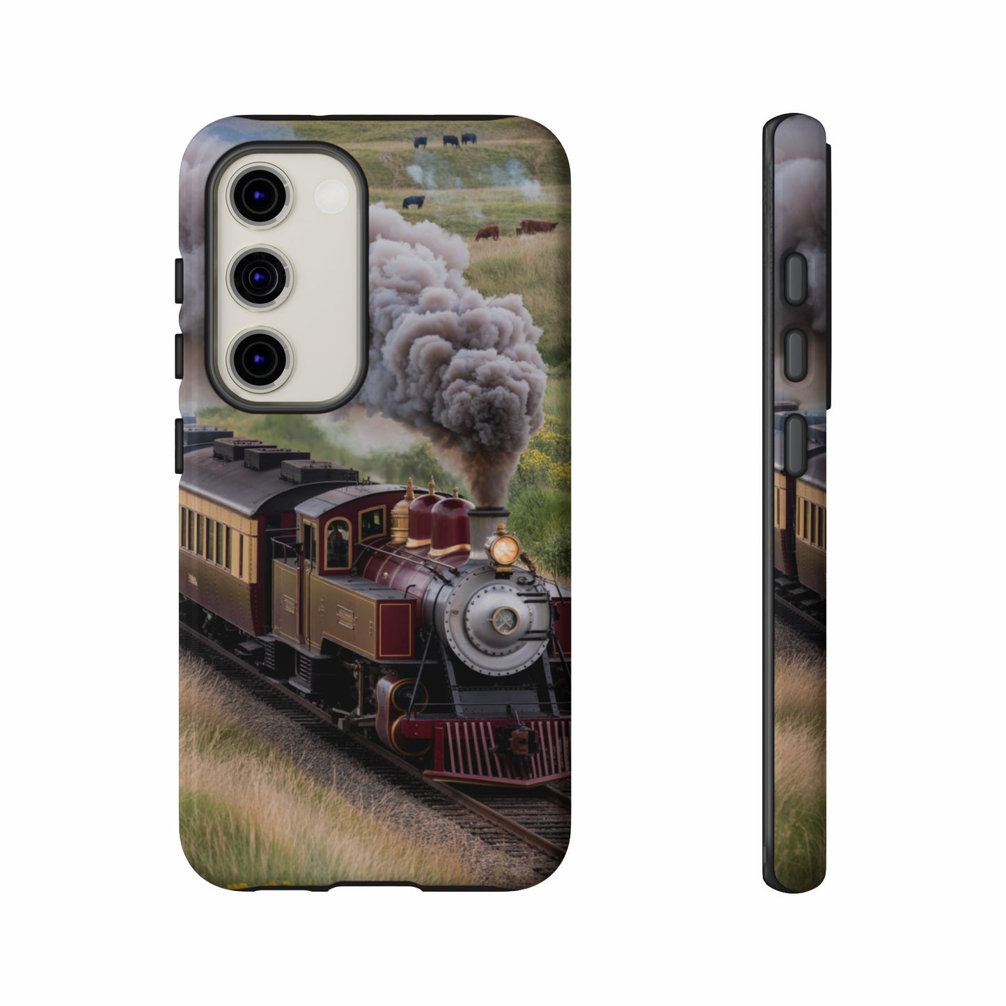 Vintage steam train with billowing smoke, seen from side and edge on, with cows in background.
