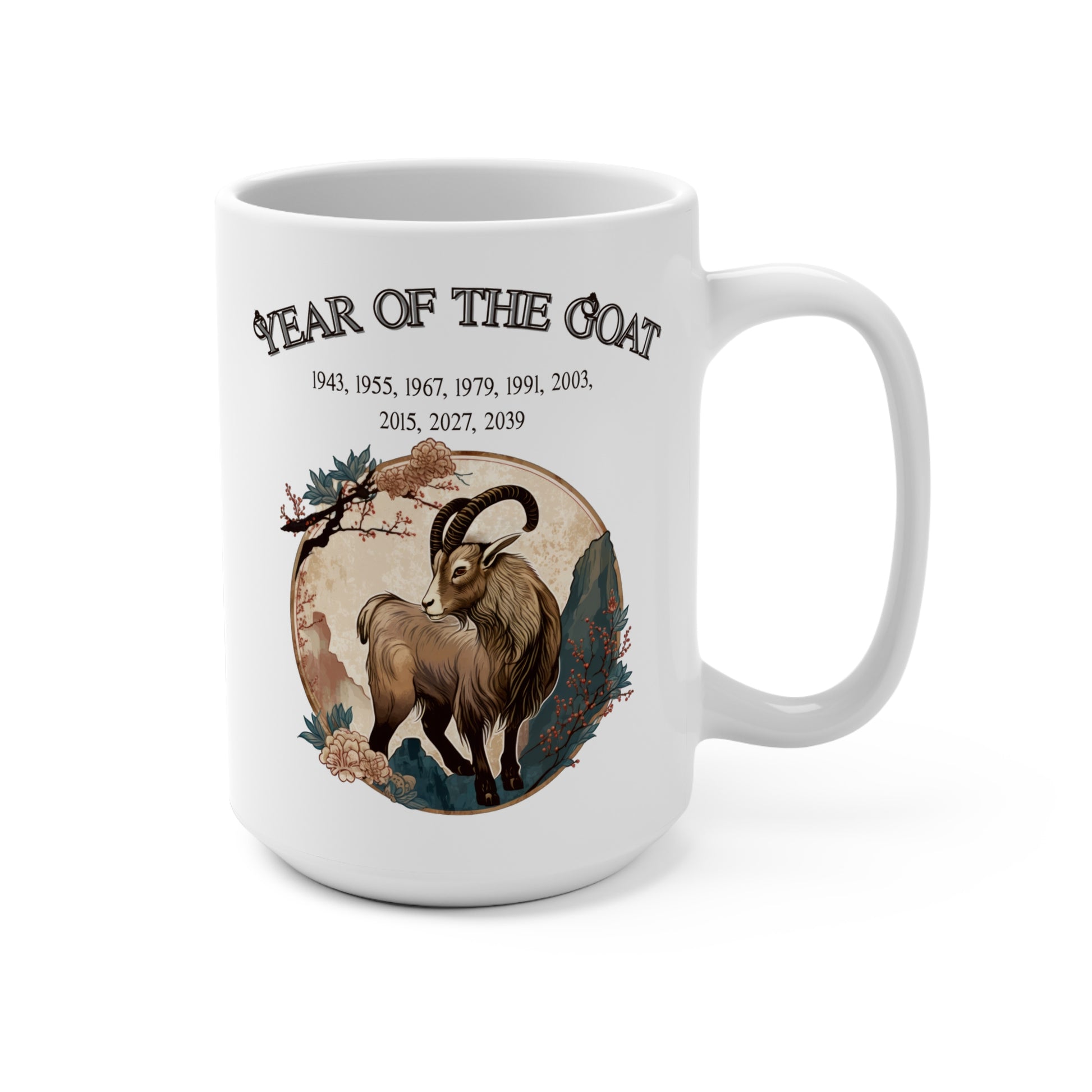 White mug with a goat illustration and text about the Year of the Goat on a white background