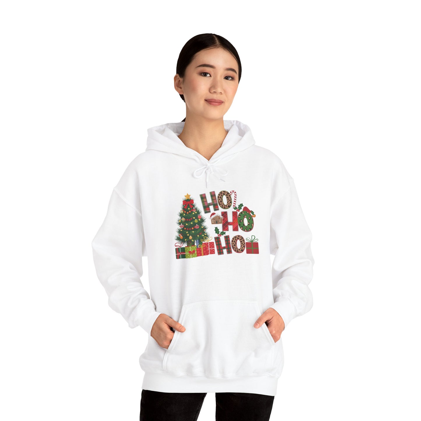 Embroidered Ho Ho Ho Christmas Hoodie – Festive Tree & Gifts Holiday Sweatshirt