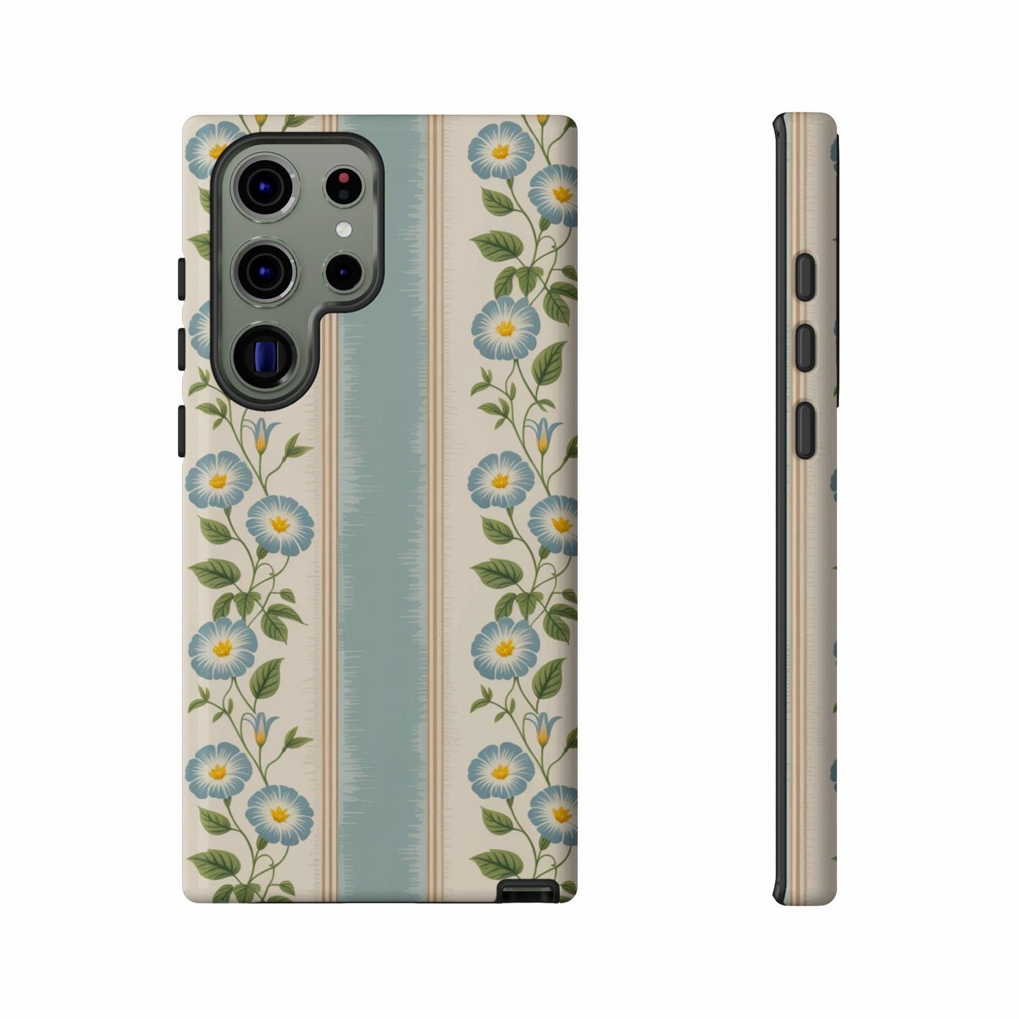 Floral phone case with blue flowers on striped background, front and side views.