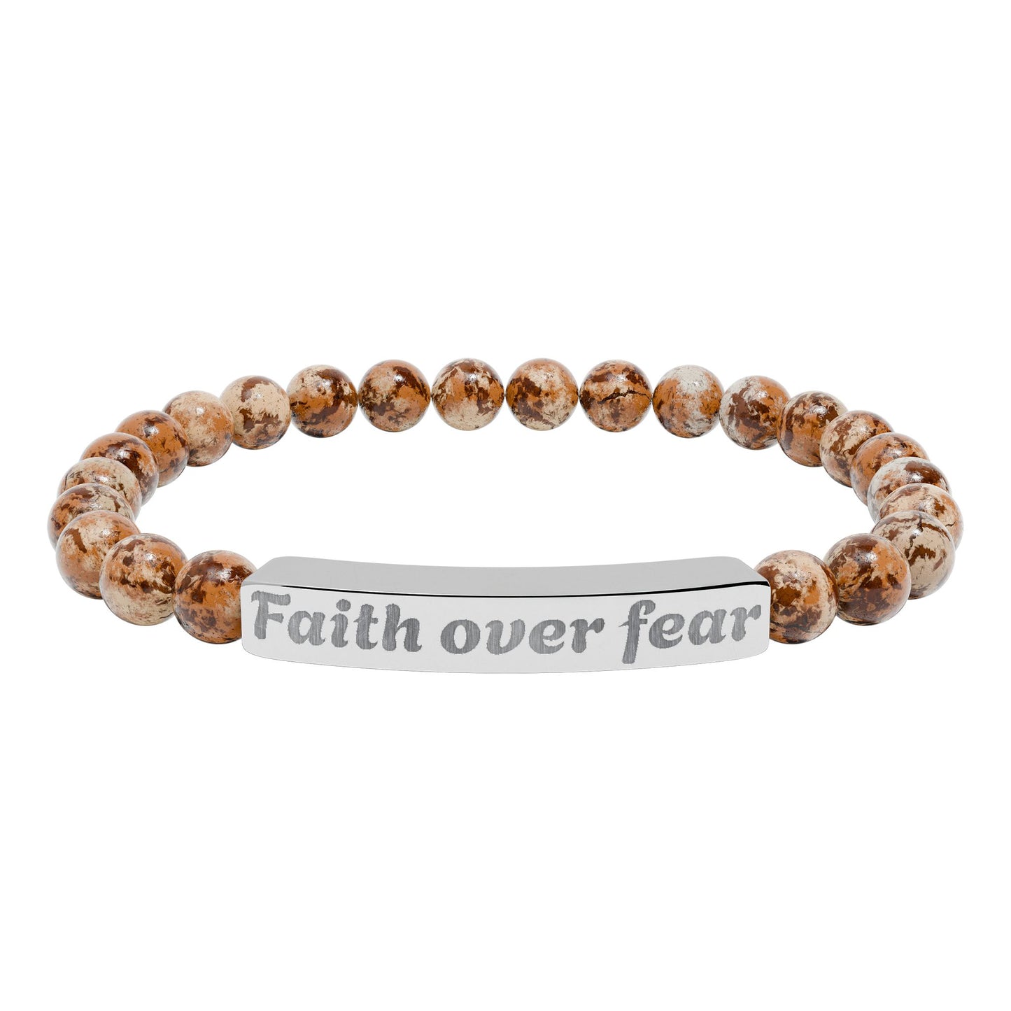 Faith Over Fear Natural Stone Stretch Bracelet — Engraved Beaded Bar Bracelet