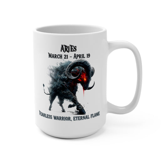 White mug with Aries zodiac design and text on a white background