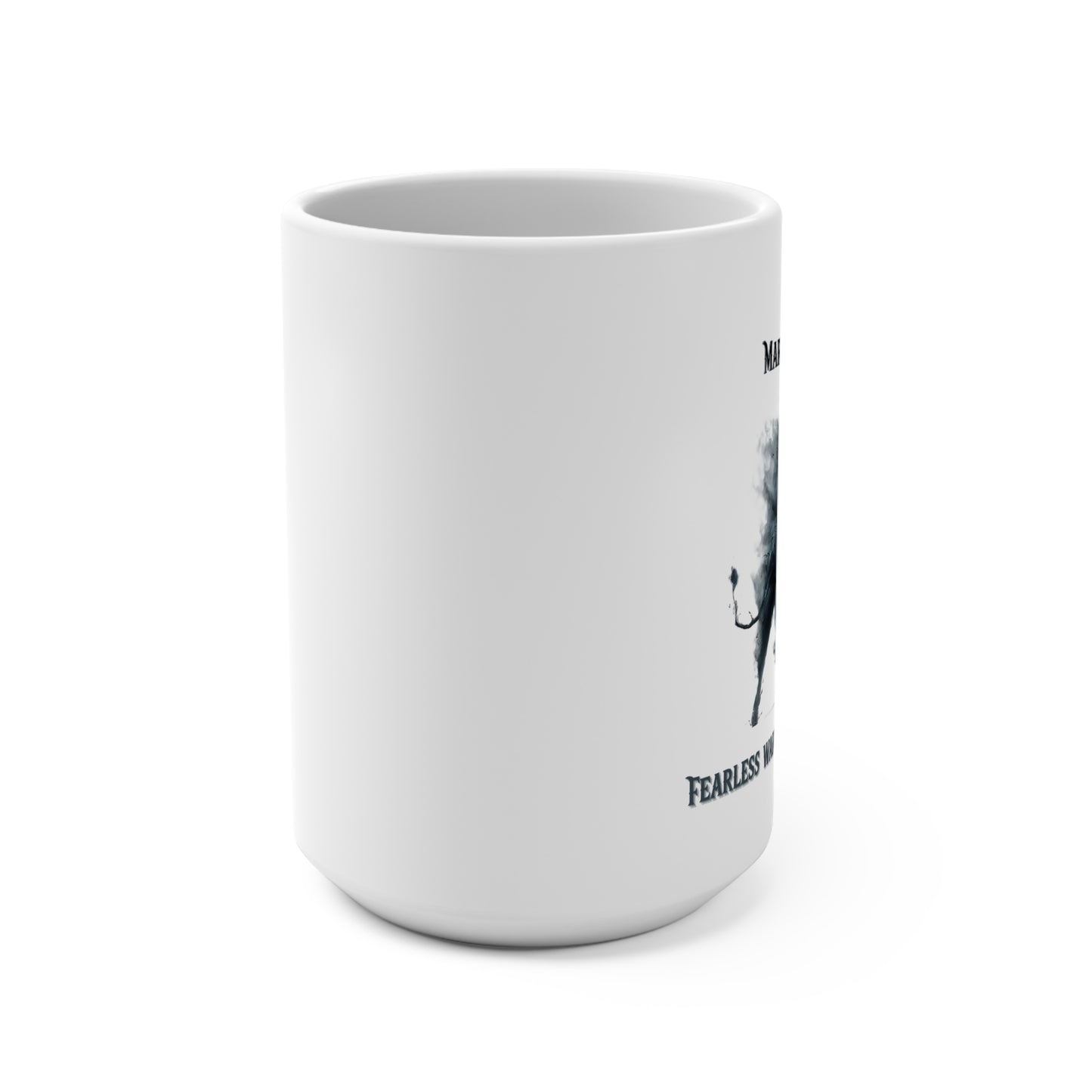 White mug with a black and white illustration on a white background