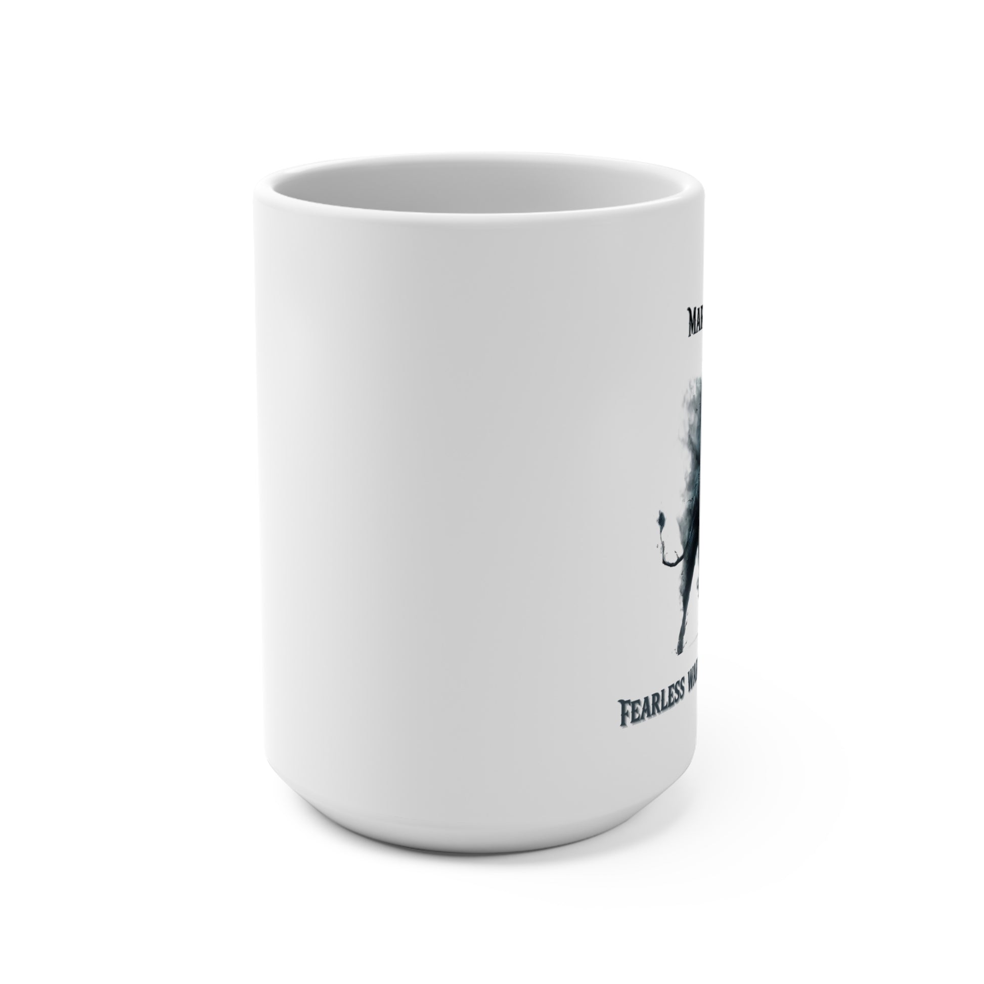 White mug with a black and white illustration on a white background