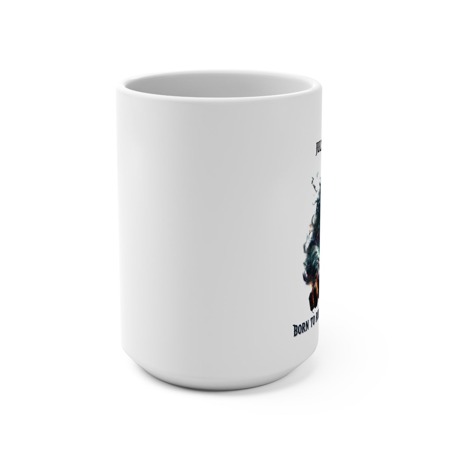 White mug with a graphic design on a white background