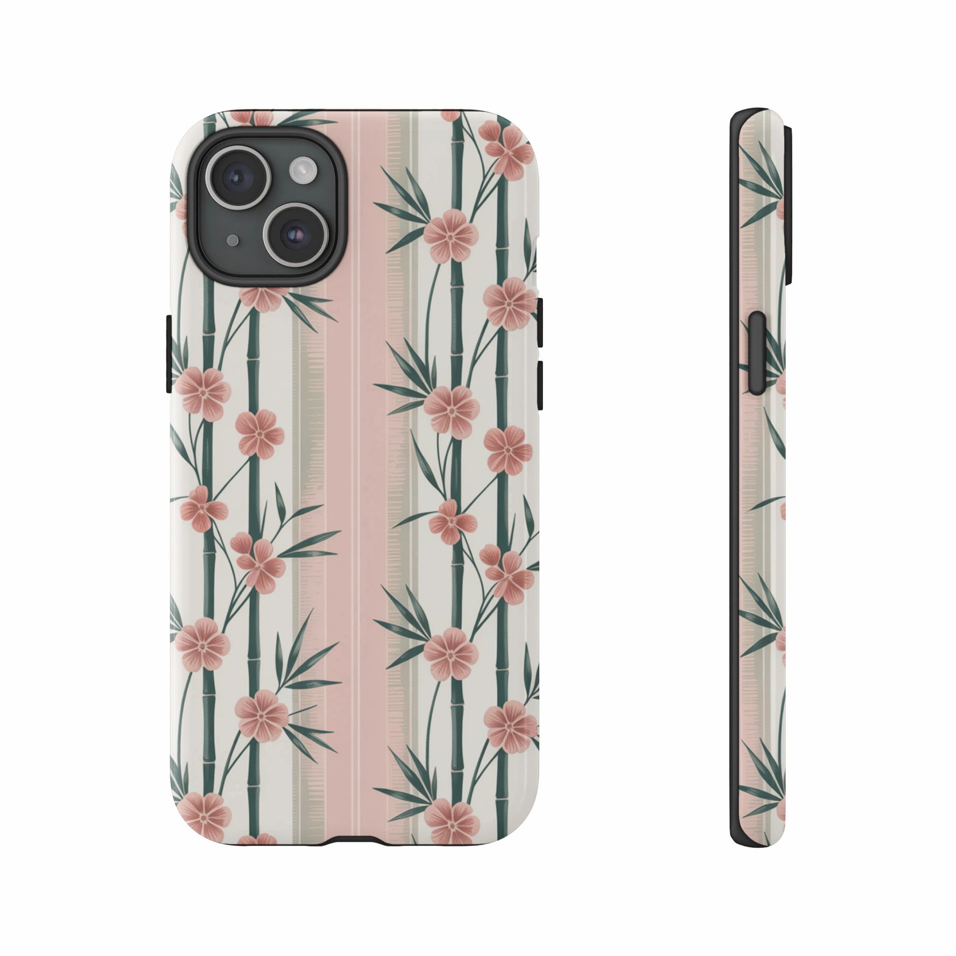 iPhone case with pink flowers and bamboo stalks on striped background.