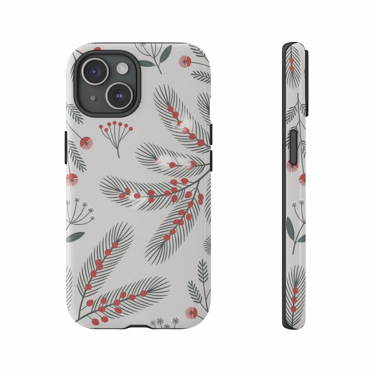 Phone case with a subtle pine and berry botanical pattern.