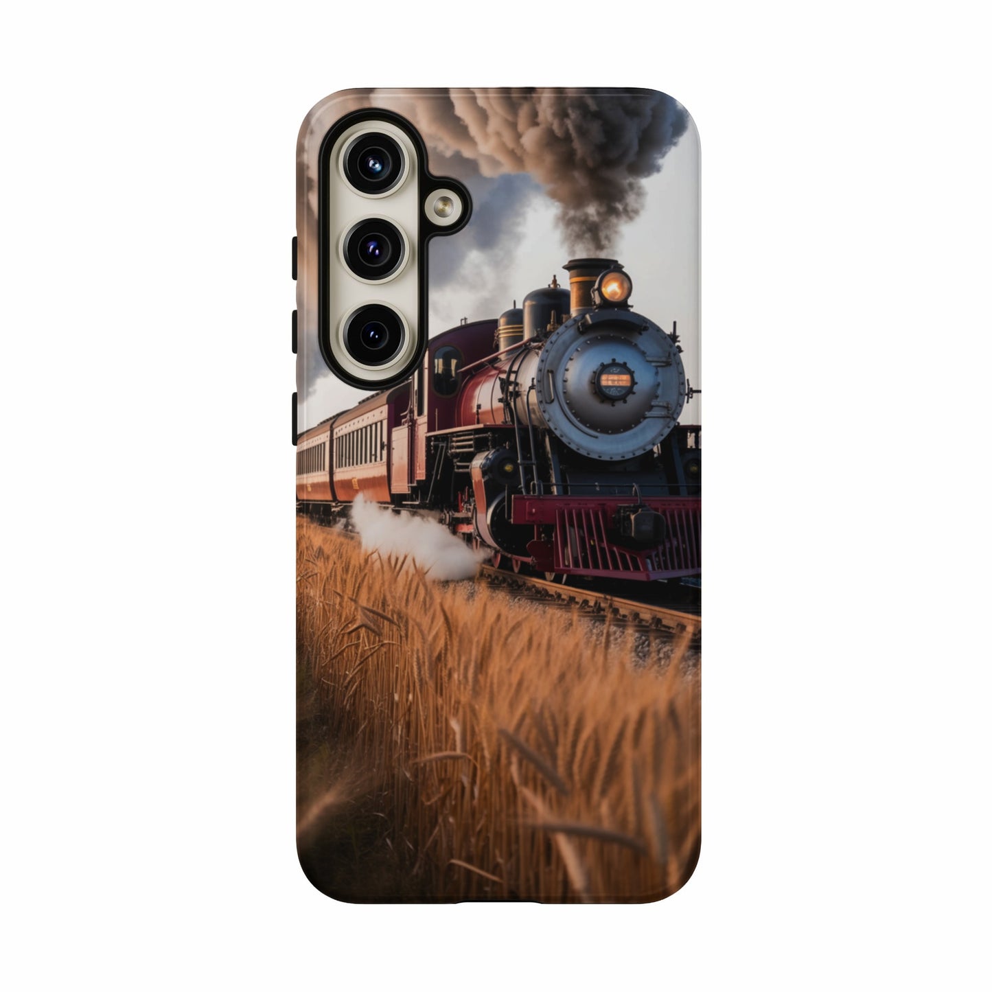 Red steam train with carriages traveling through a wheat field.