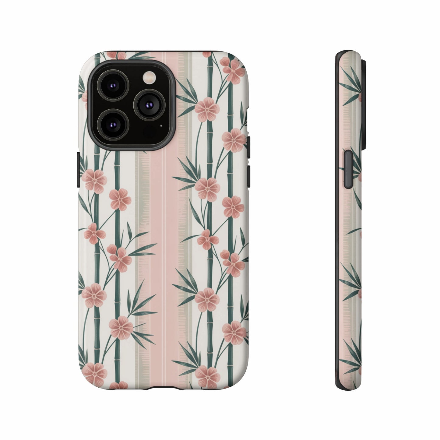 Phone case with bamboo and pink floral pattern.