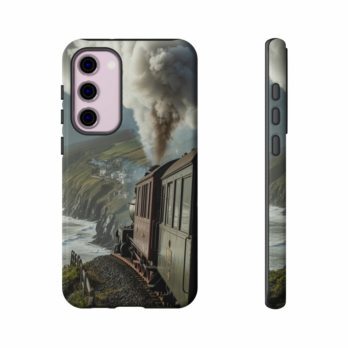 Train on a coastal track with billowing smoke, shown from front and side.
