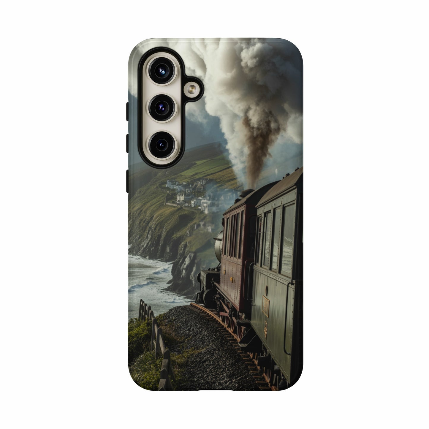 Vintage steam train with smoke traveling along a coastal cliffside.