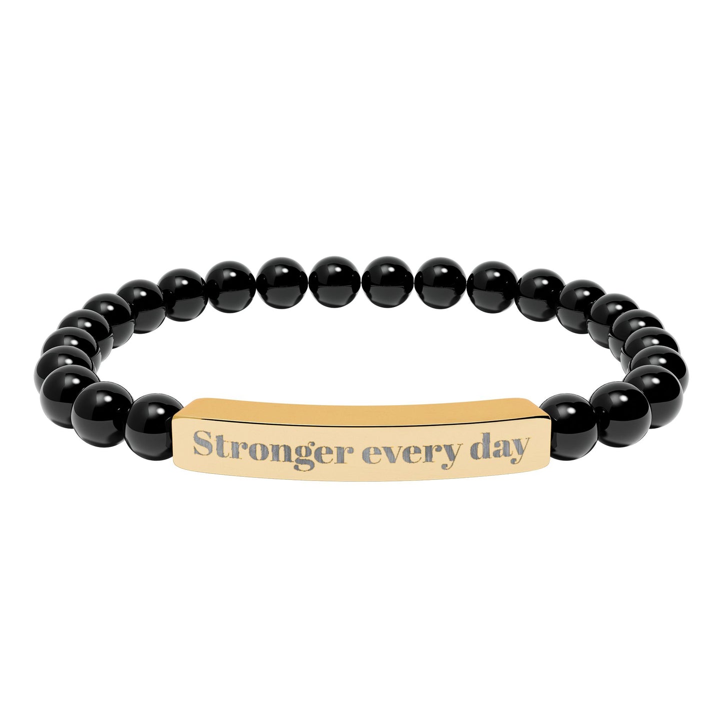 Engraved Natural Stone Stretch Bracelet — 'Stronger Every Day' Beaded Bar Bracelet