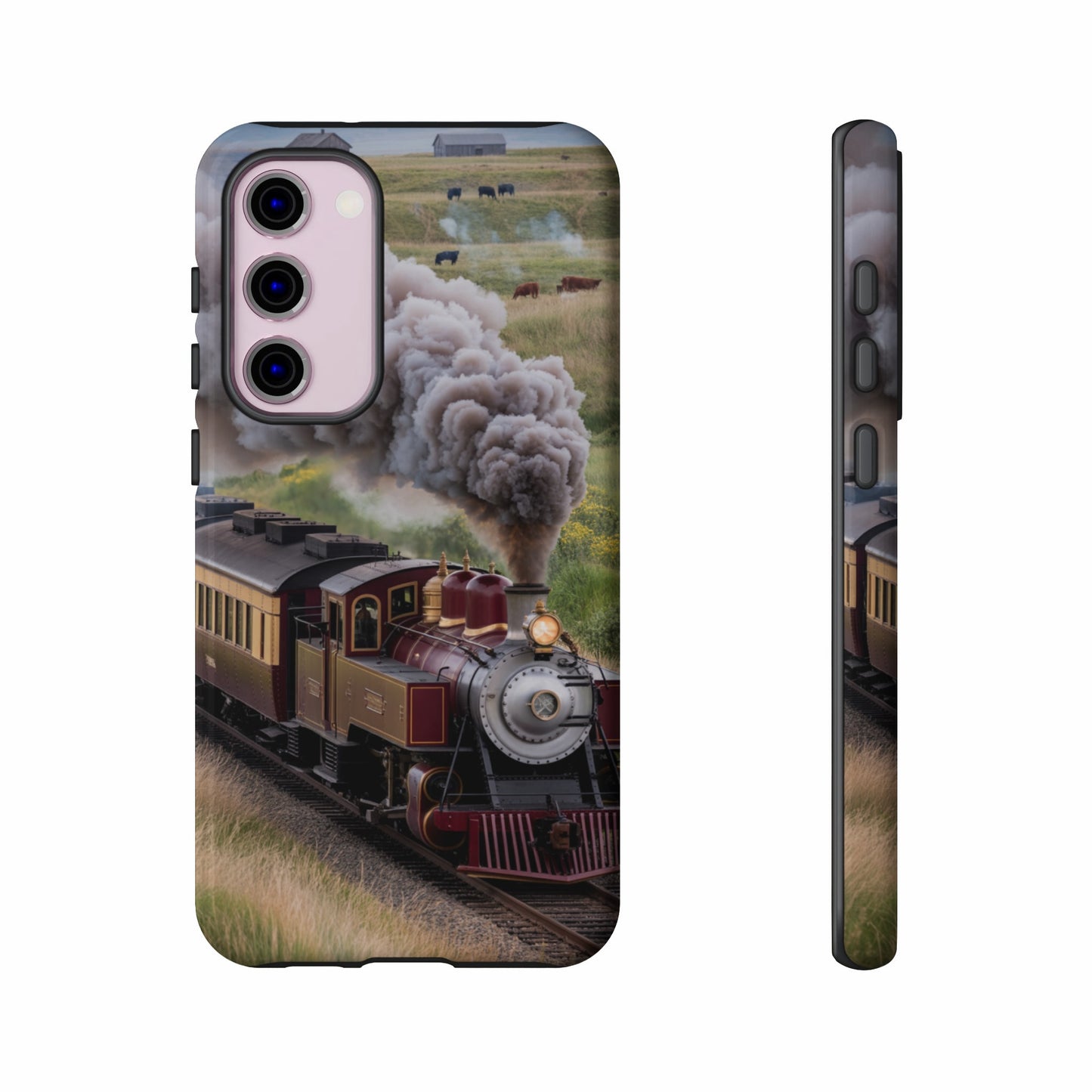 Steam train with passenger cars in a field with cows.