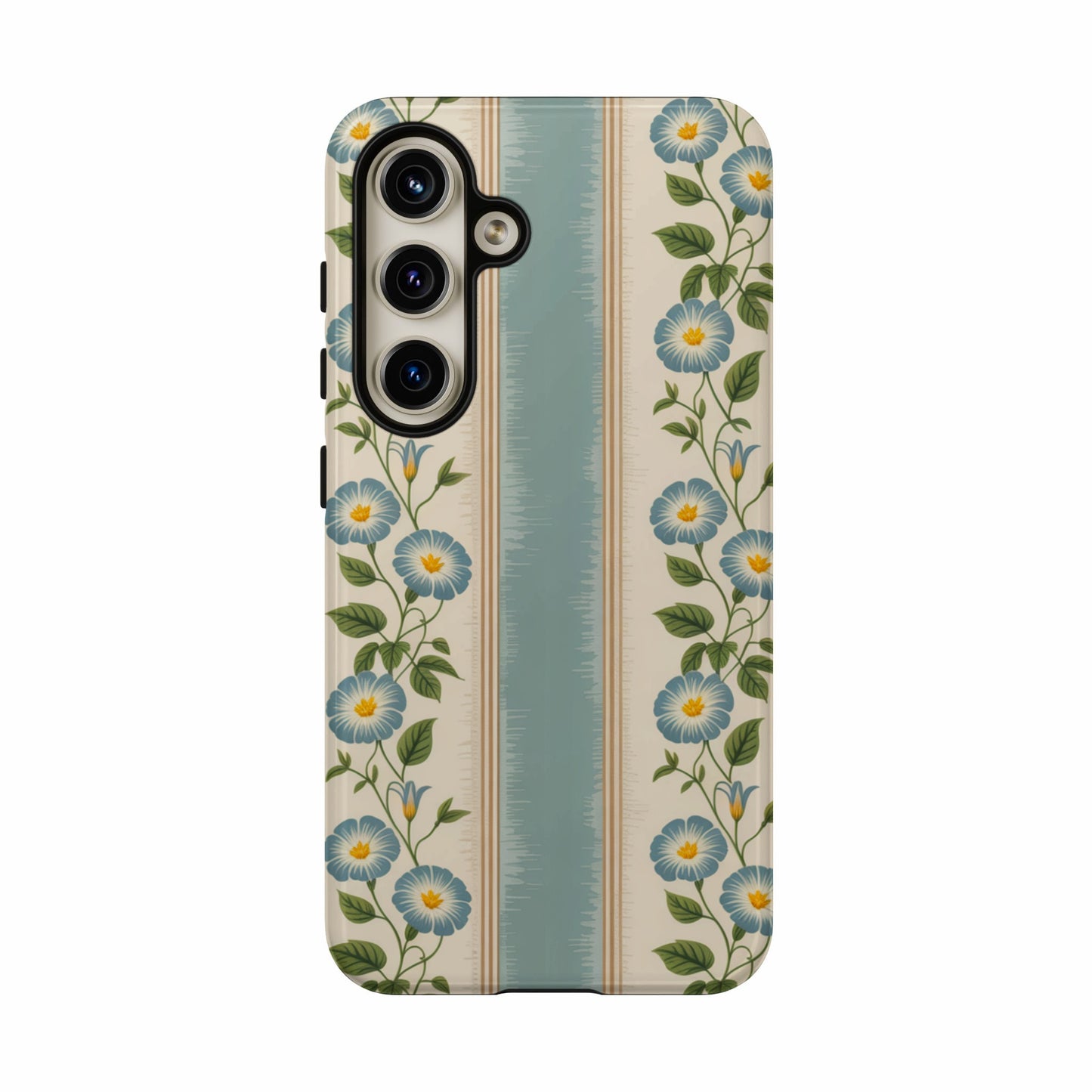 Phone case with blue flowers on a pale blue and beige striped background.