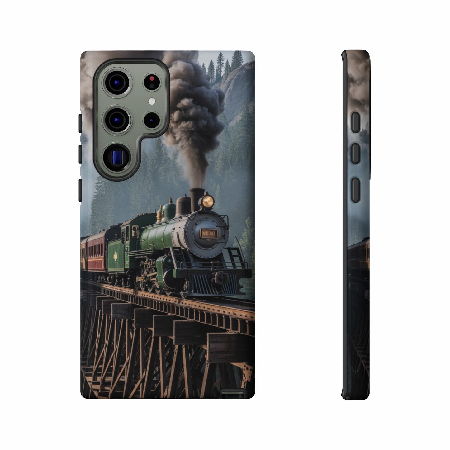 Green steam train crossing a wooden bridge through a forest.