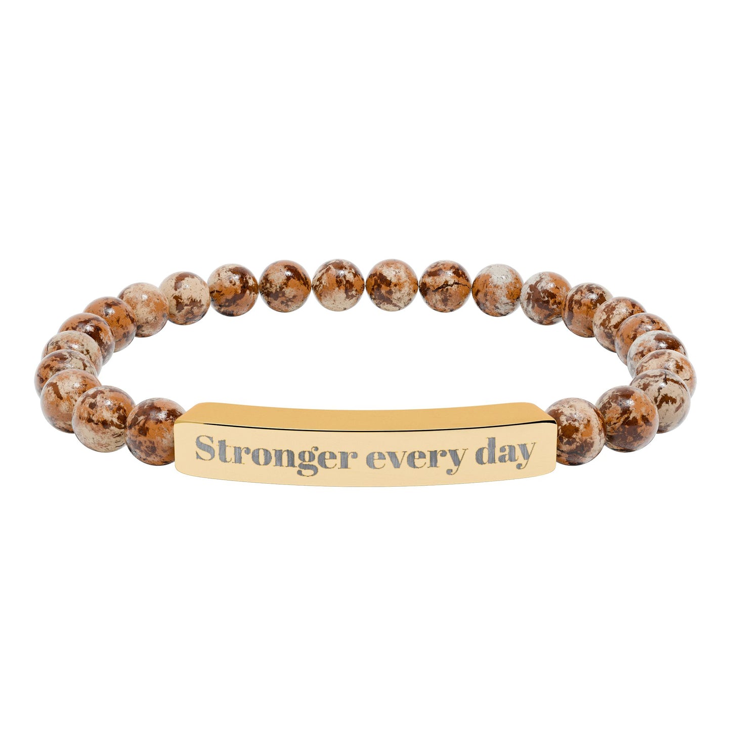 Engraved Natural Stone Stretch Bracelet — 'Stronger Every Day' Beaded Bar Bracelet