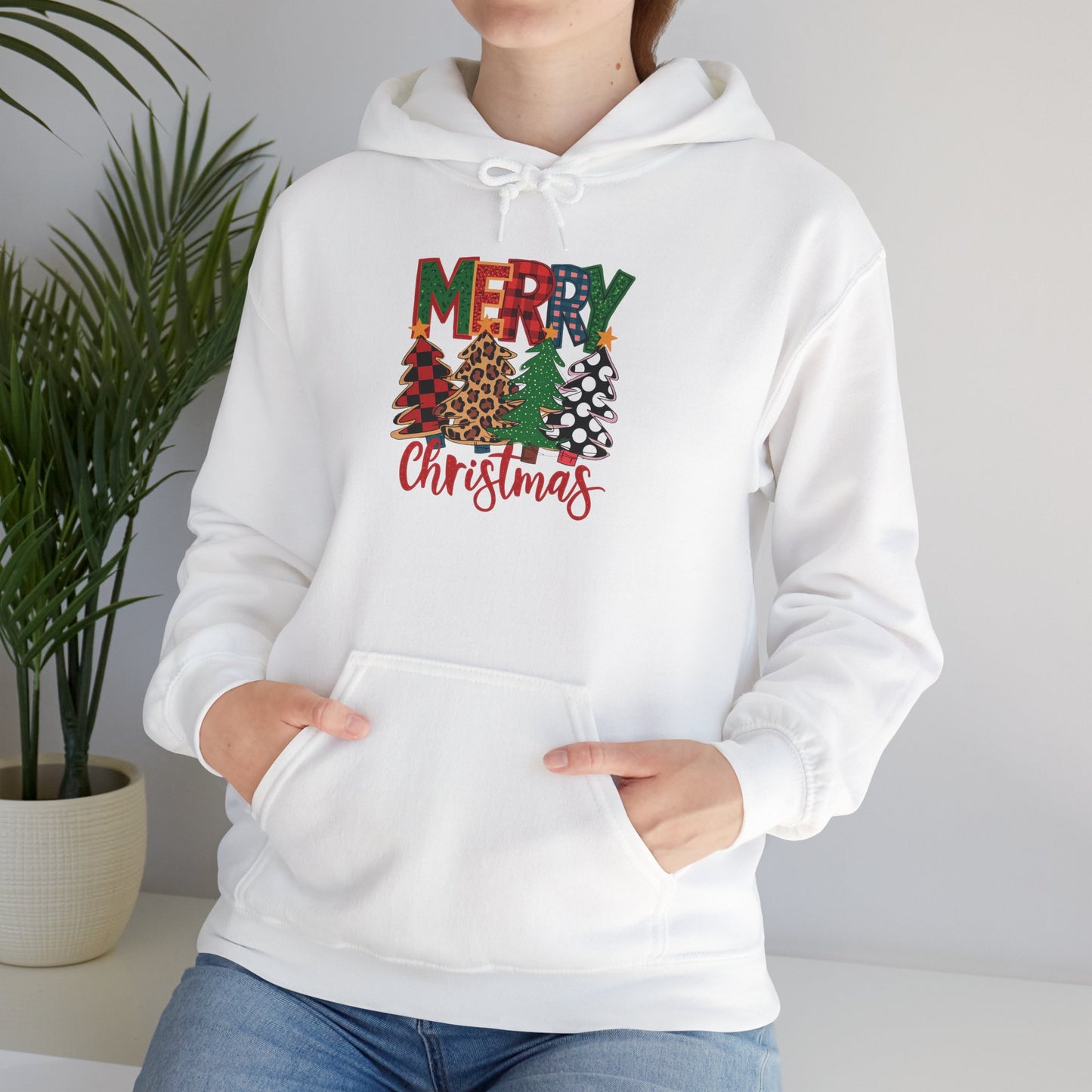 Embroidered Christmas Trees 'Merry Christmas' Hoodie - Holiday Plaid & Buffalo Check