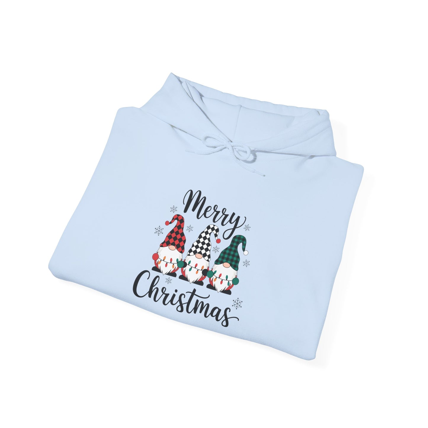 Embroidered Merry Christmas Gnomes Hoodie — Festive Plaid Holiday Pullover