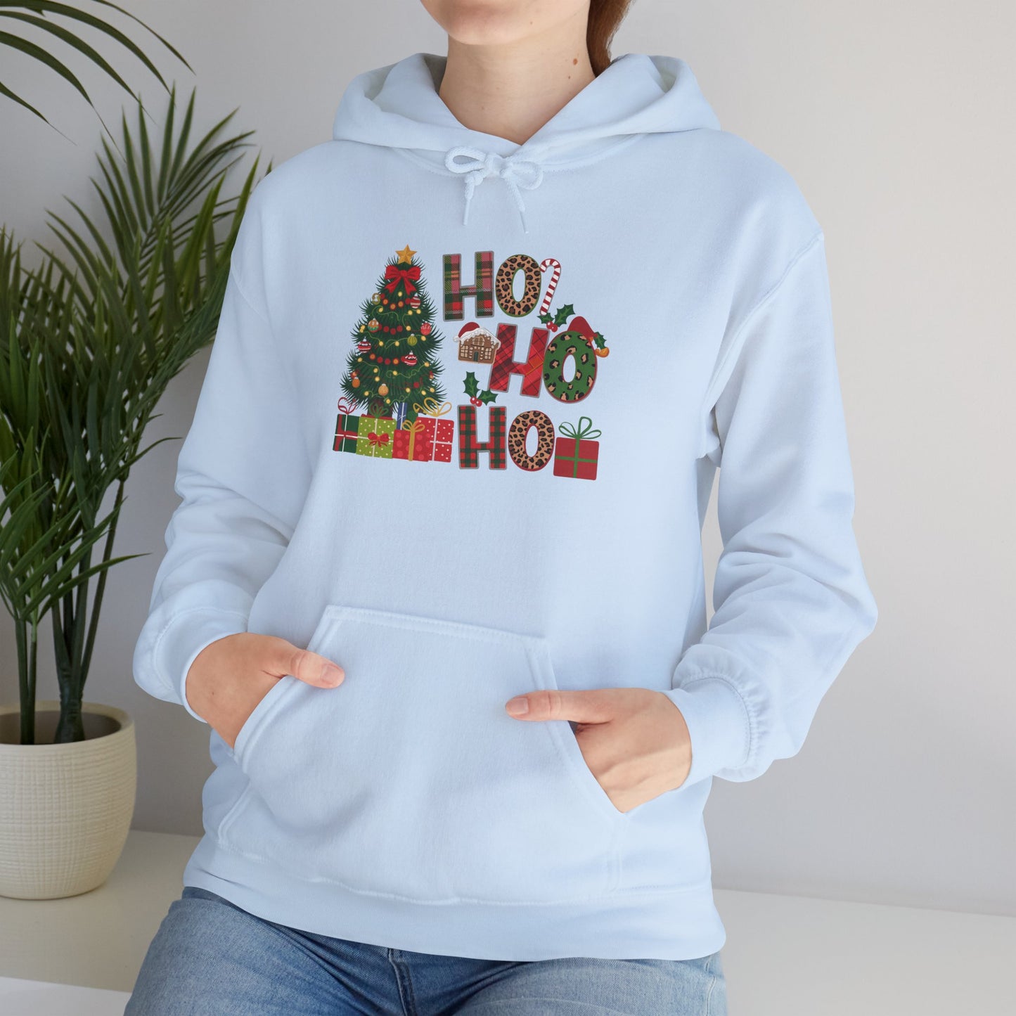 Embroidered Ho Ho Ho Christmas Hoodie – Festive Tree & Gifts Holiday Sweatshirt