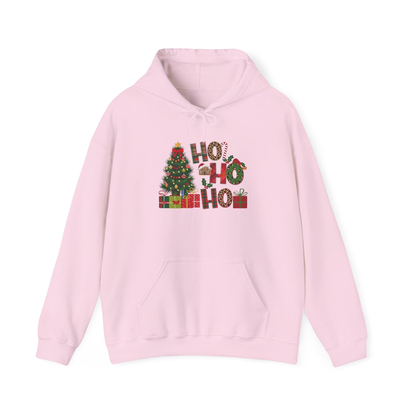 Embroidered Ho Ho Ho Christmas Hoodie – Festive Tree & Gifts Holiday Sweatshirt