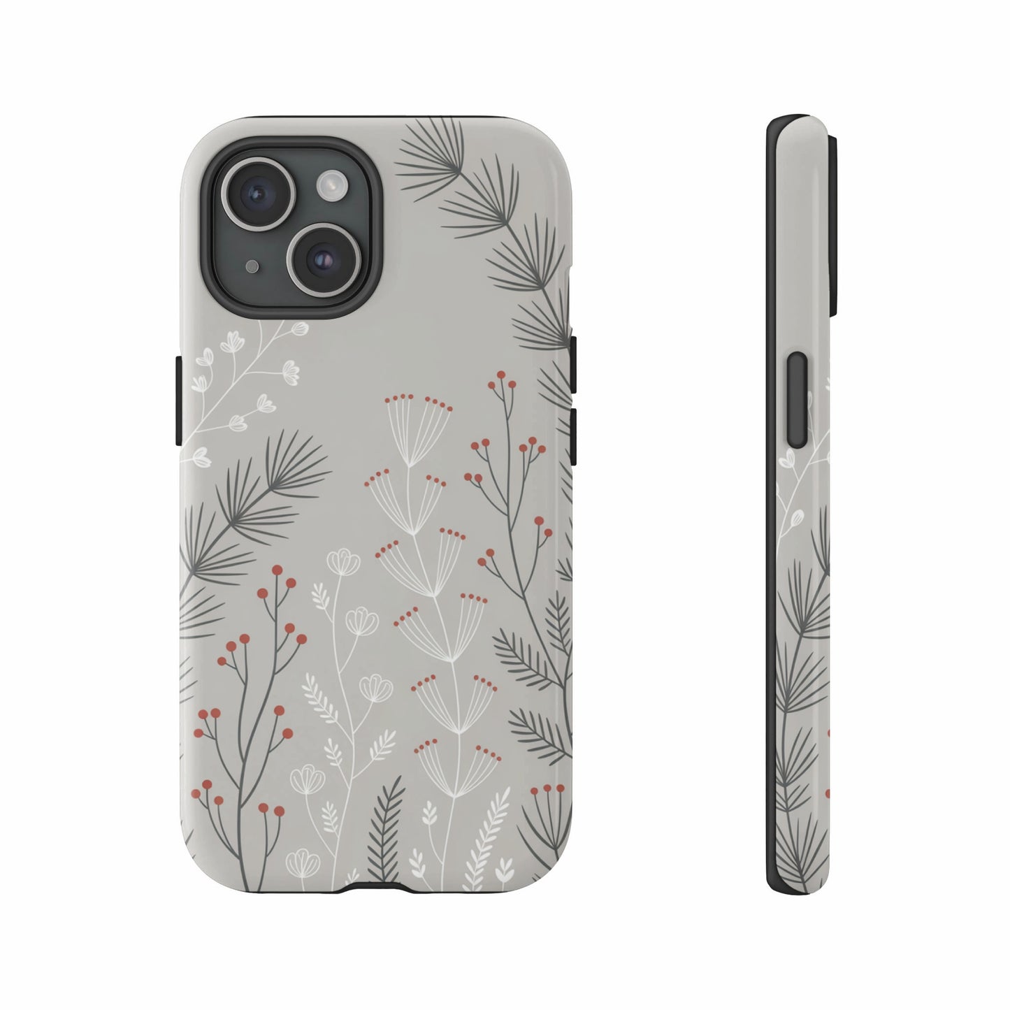 Gray phone case with white and red floral botanical pattern.