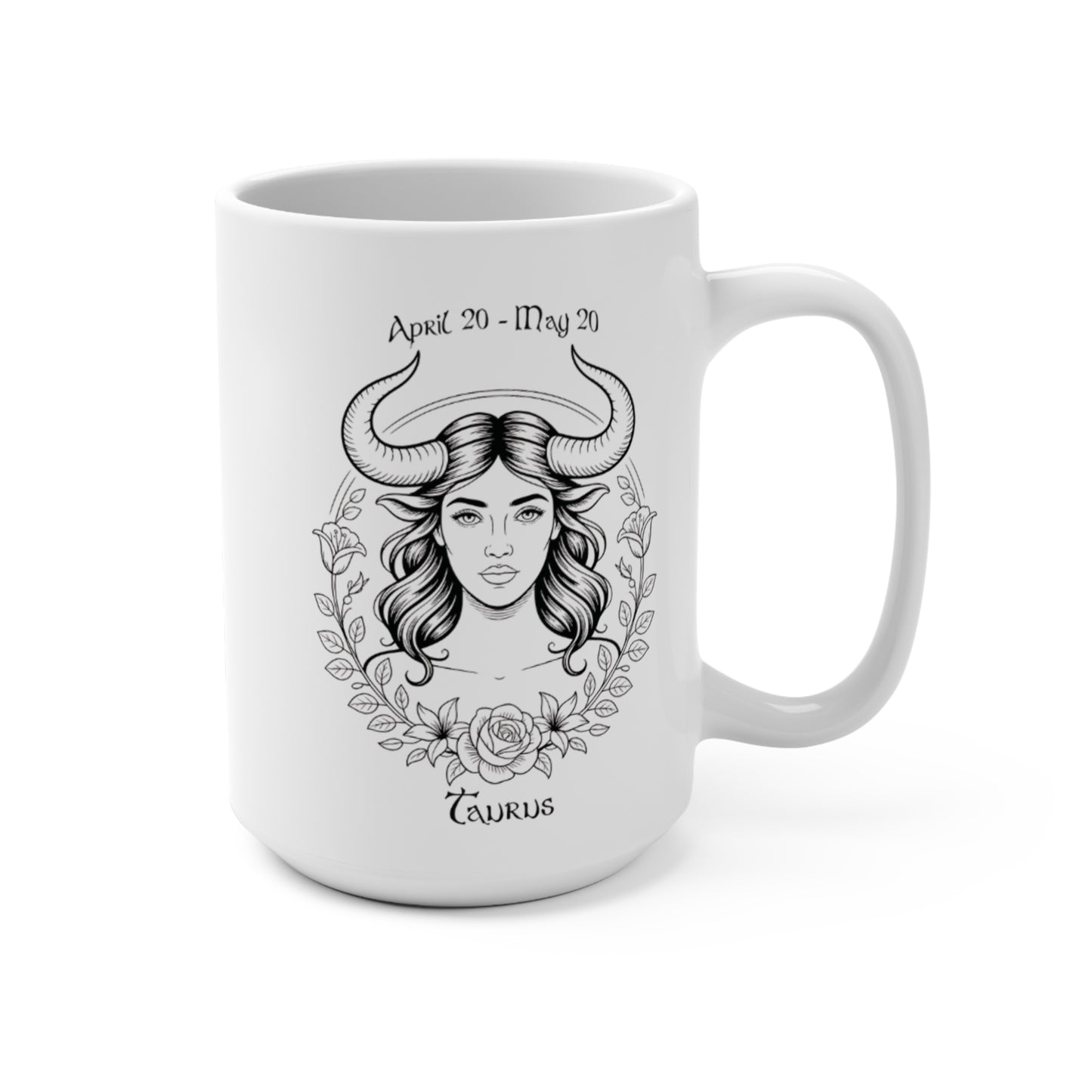Taurus Zodiac Goddess Mug with celestial bull design and April 20 - May 20 dates