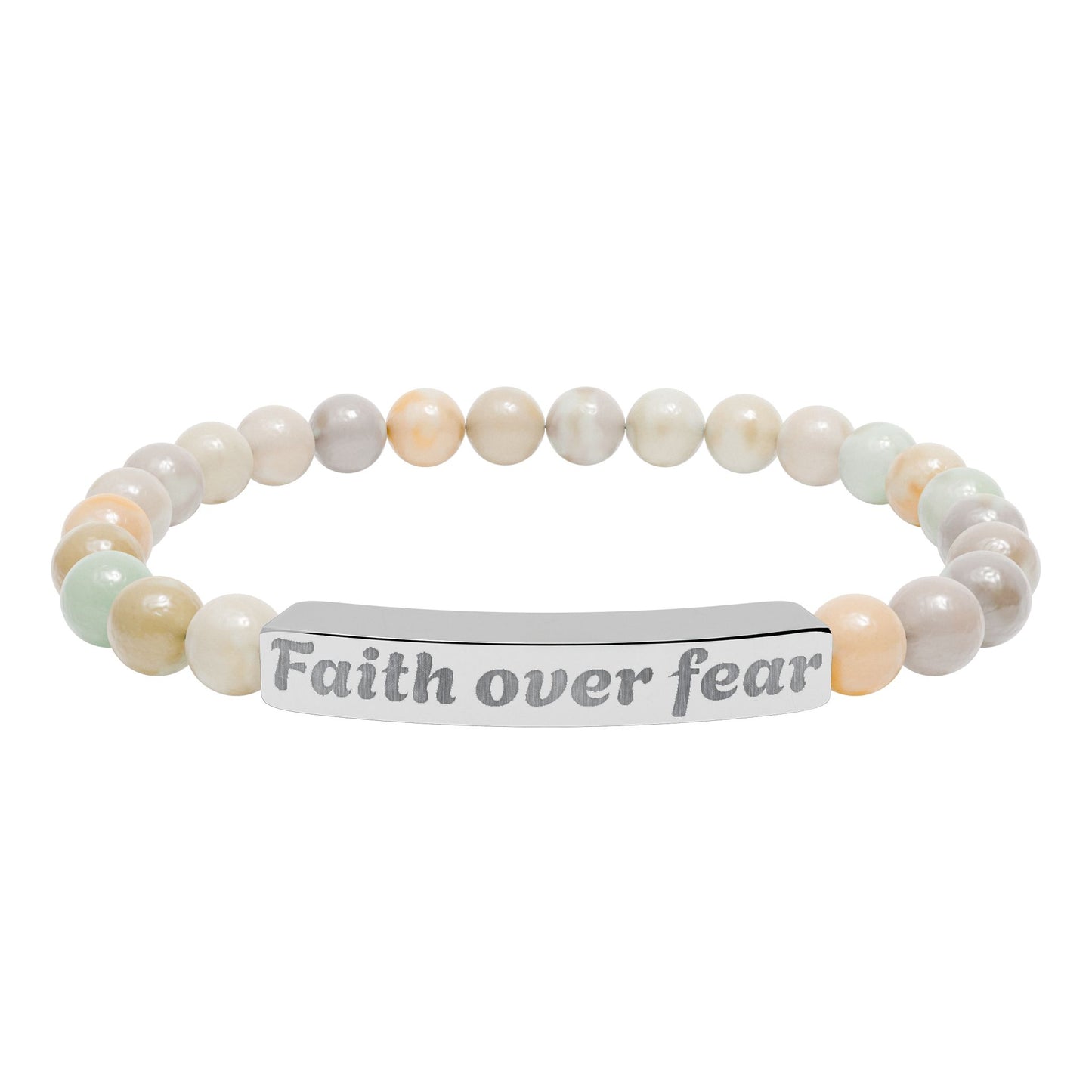 Faith Over Fear Natural Stone Stretch Bracelet — Engraved Beaded Bar Bracelet