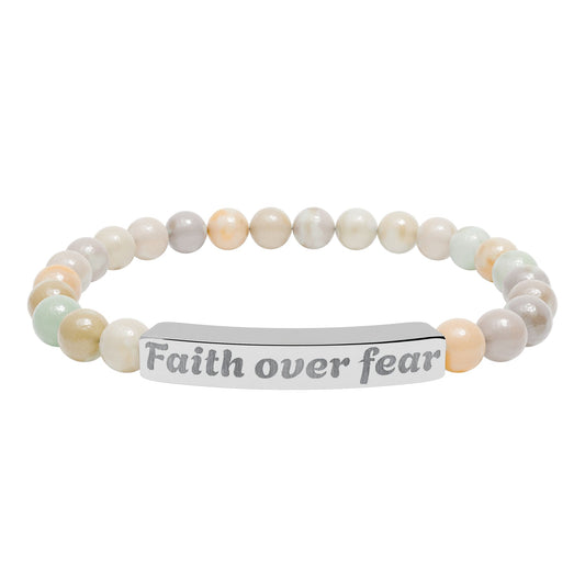 Faith Over Fear Natural Stone Stretch Bracelet — Engraved Beaded Bar Bracelet