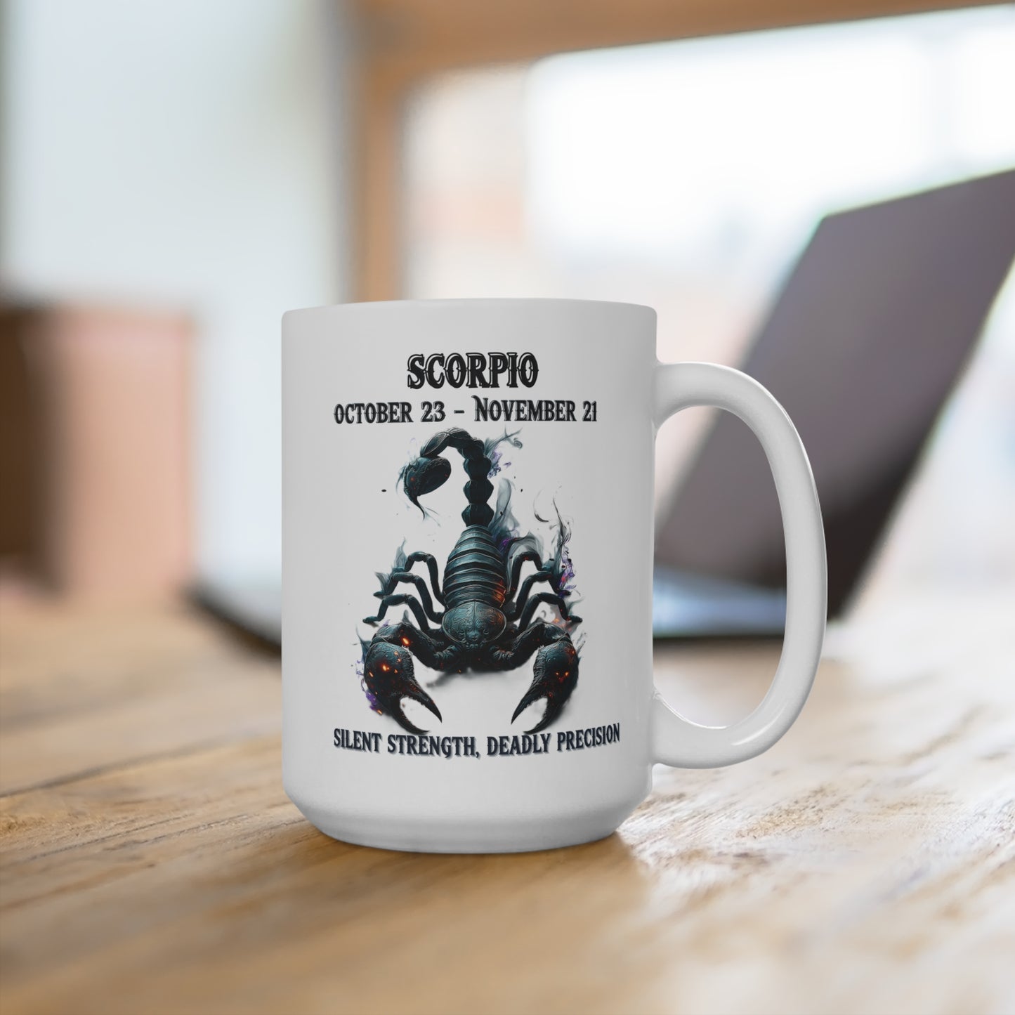 White mug with Scorpio zodiac design on a wooden surface