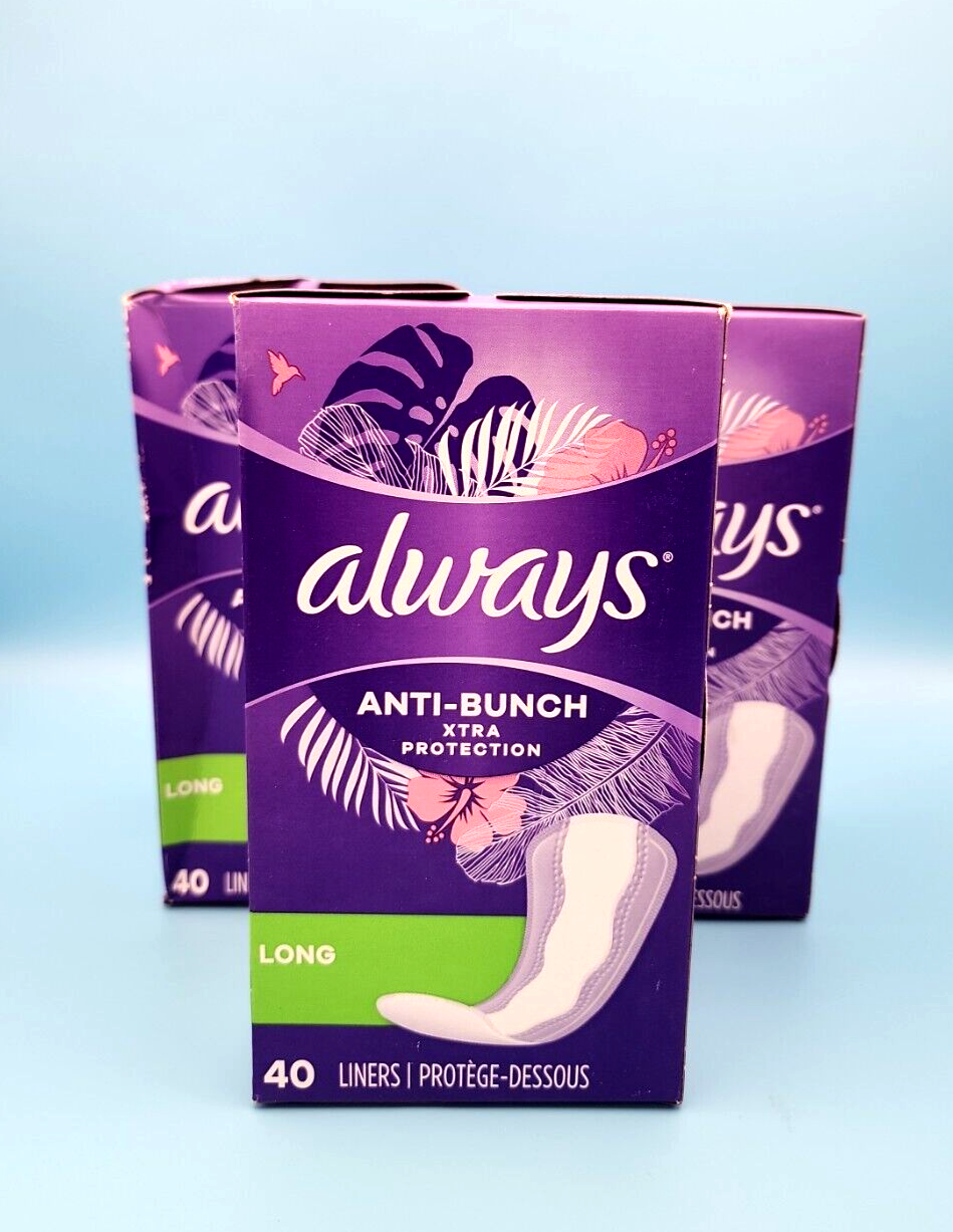 3x Always Anti-Bunch Xtra Protection Daily Liners Long Unscented Comfort 120 ct