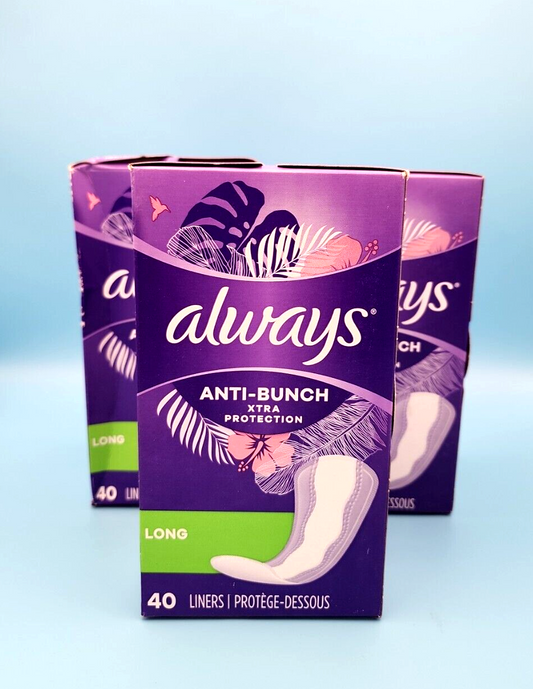 3x Always Anti-Bunch Xtra Protection Daily Liners Long Unscented Comfort 120 ct