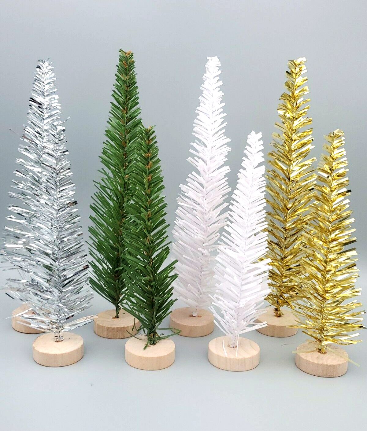 2 Playground - 8pc Tinsel Trees - Gold, Green, Silver & White  Bullseye's 8 Pack