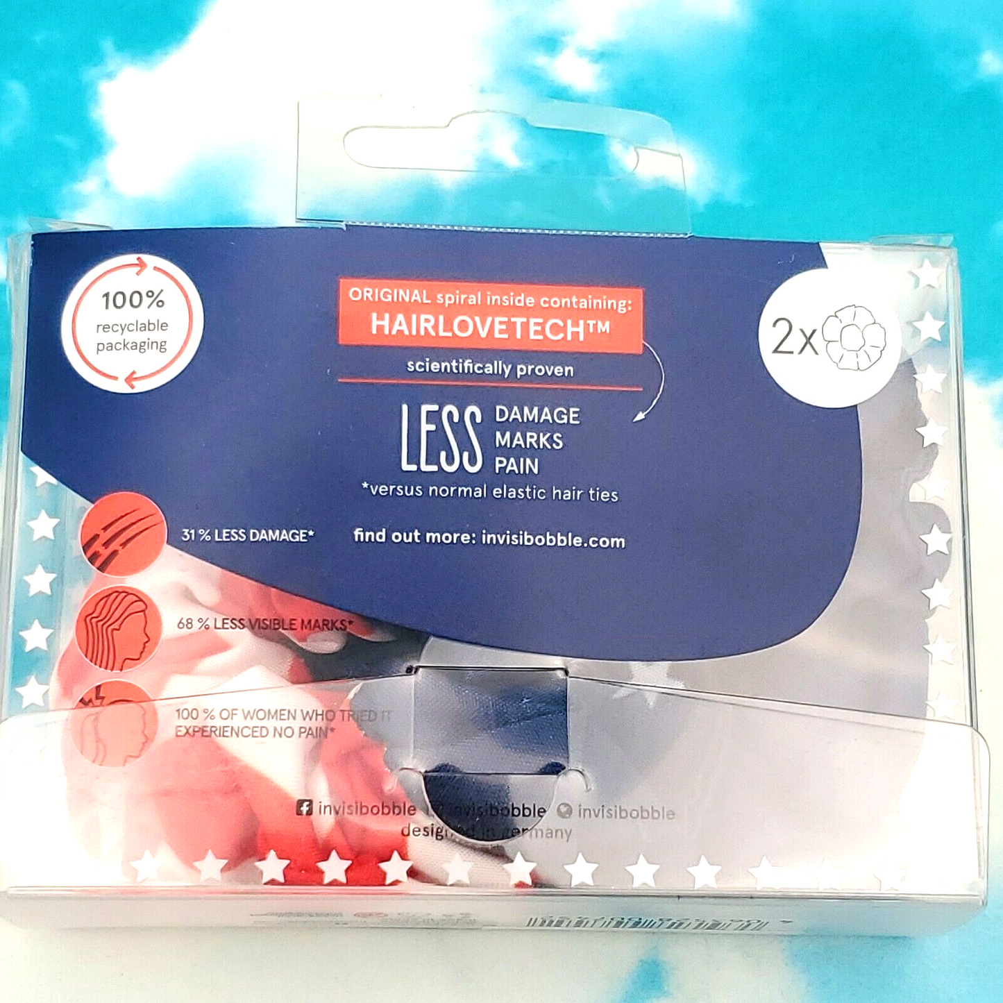 2 Pks - Style Icon - Sprunchie Original - Invisibobble - RED-WHITE-BLUE= 4 Total