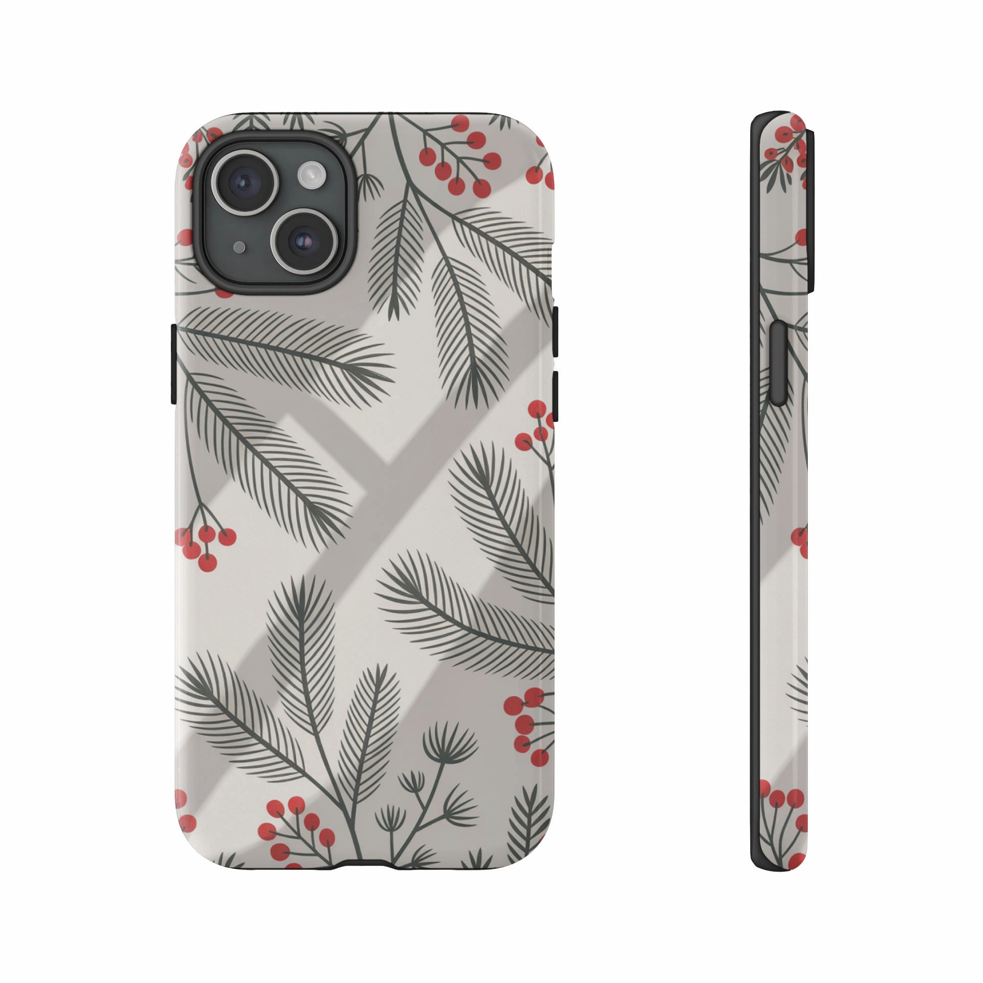 iPhone case with a pine branch and red berry holiday design.