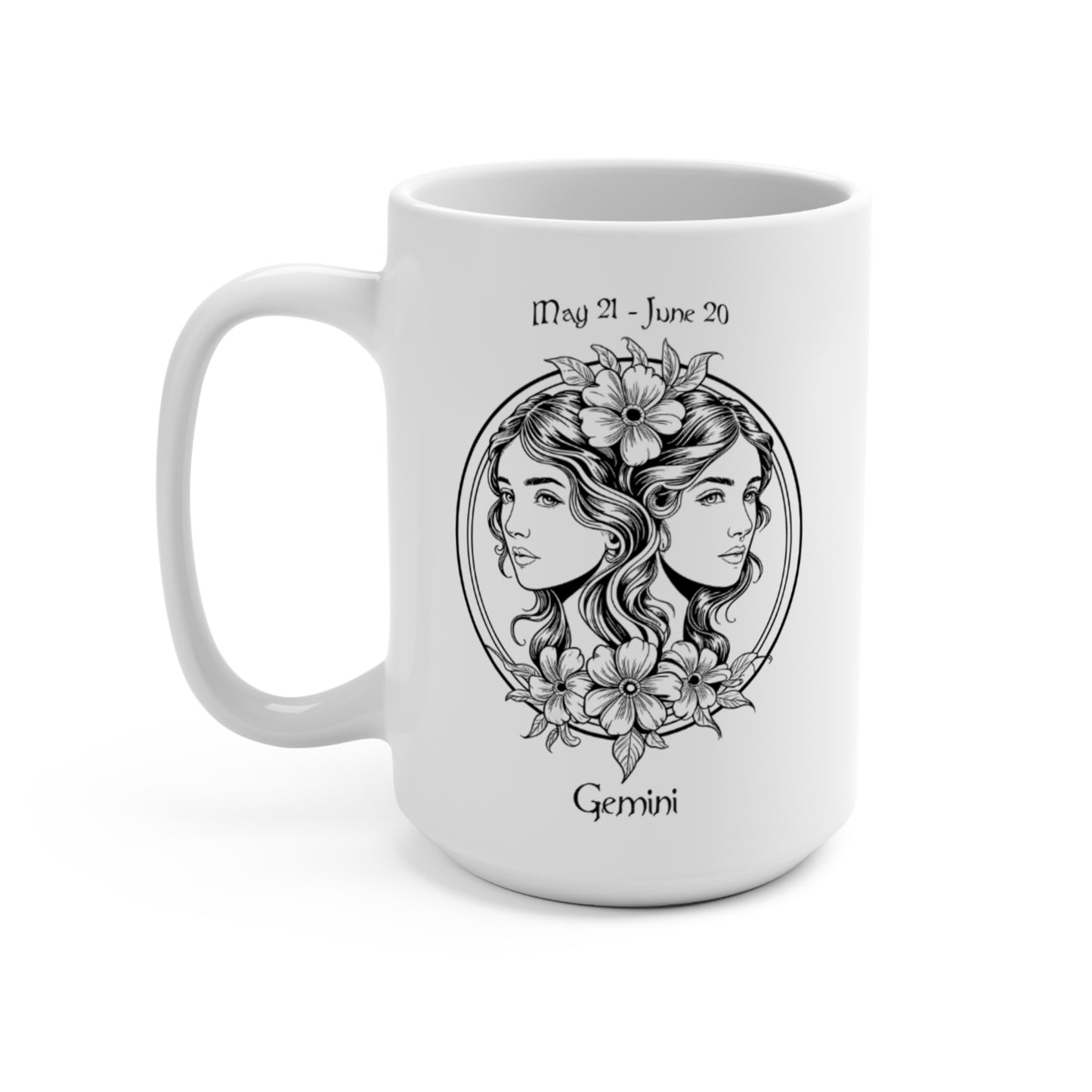 White mug with Gemini zodiac design on a white background