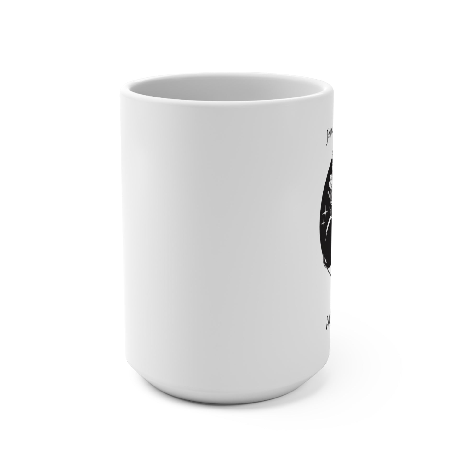 White ceramic mug with black text and design on a white background