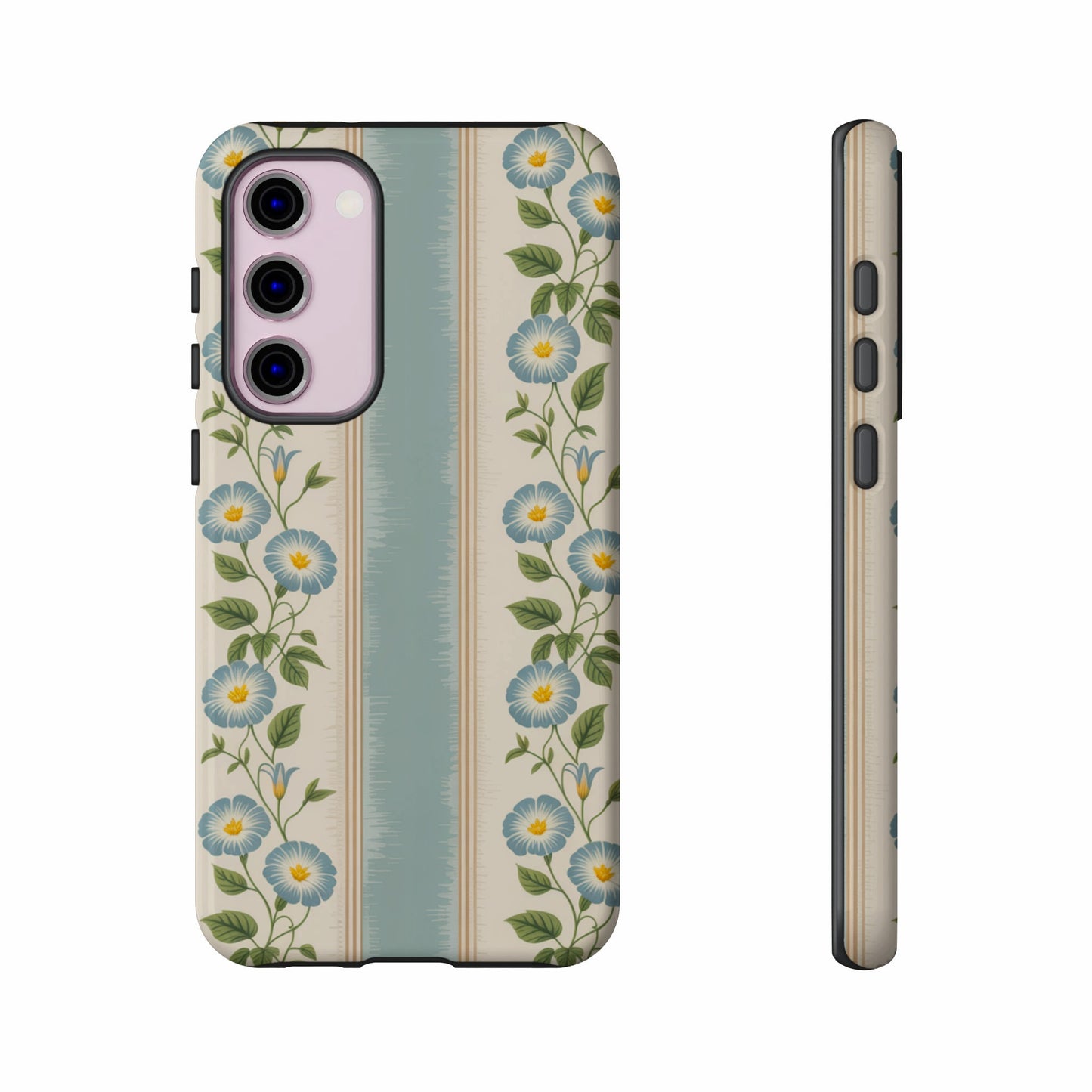 Phone case with blue floral stripe pattern shown from front and side.