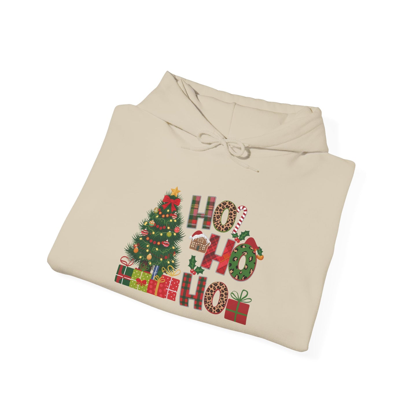 Embroidered Ho Ho Ho Christmas Hoodie – Festive Tree & Gifts Holiday Sweatshirt