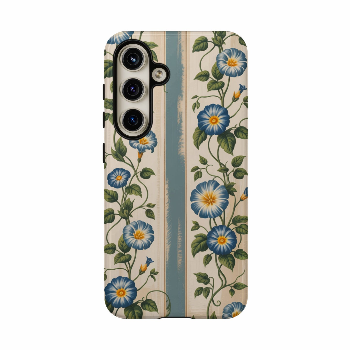 Phone case with blue floral pattern on cream and blue striped background.