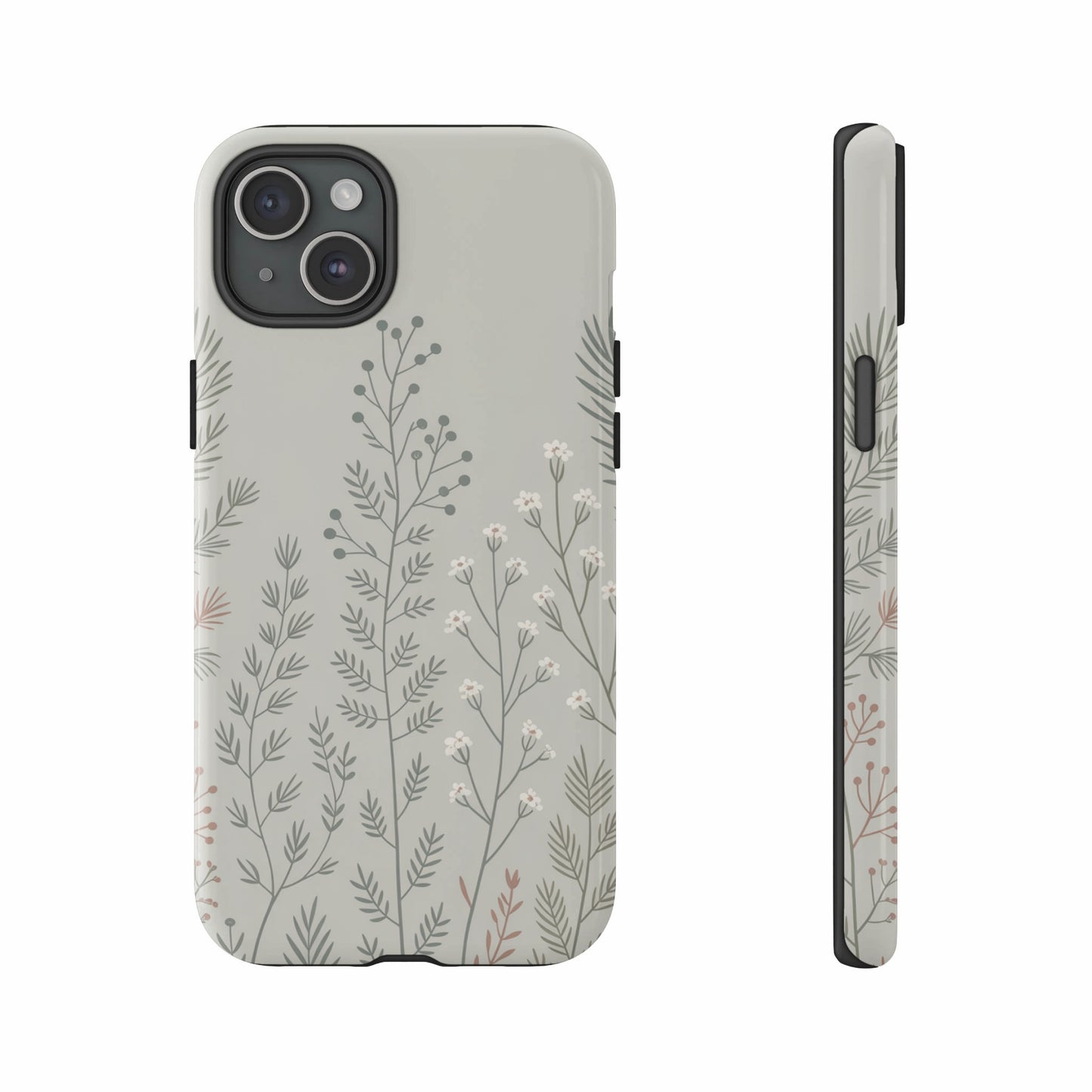 Phone case with delicate floral botanical pattern.