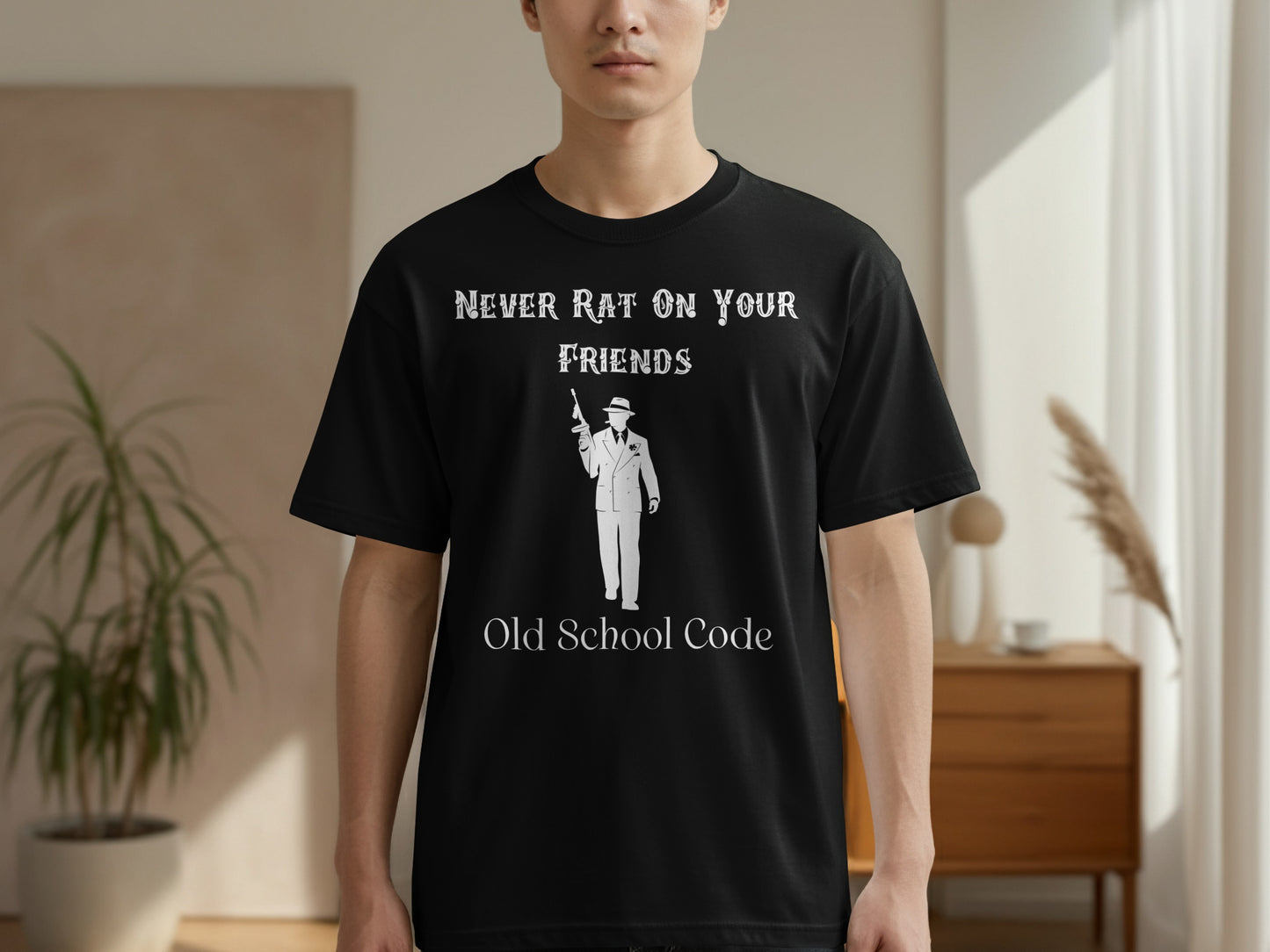 NEVER RAT ON YOUR FRIENDS Old School Code T-Shirt product type
Loyalty shirt, Friendship code, Old school style, Gangster themed, Mob life tee, Retro design, Vintage apparel, Trust message, Respect clothing, Outlaw fashion, Classic saying, Streetwear top, Black graphic tee, Unique slogan, Men's graphic, Secret code, Retro street, Godfather style, Mafia culture, Brotherhood gear